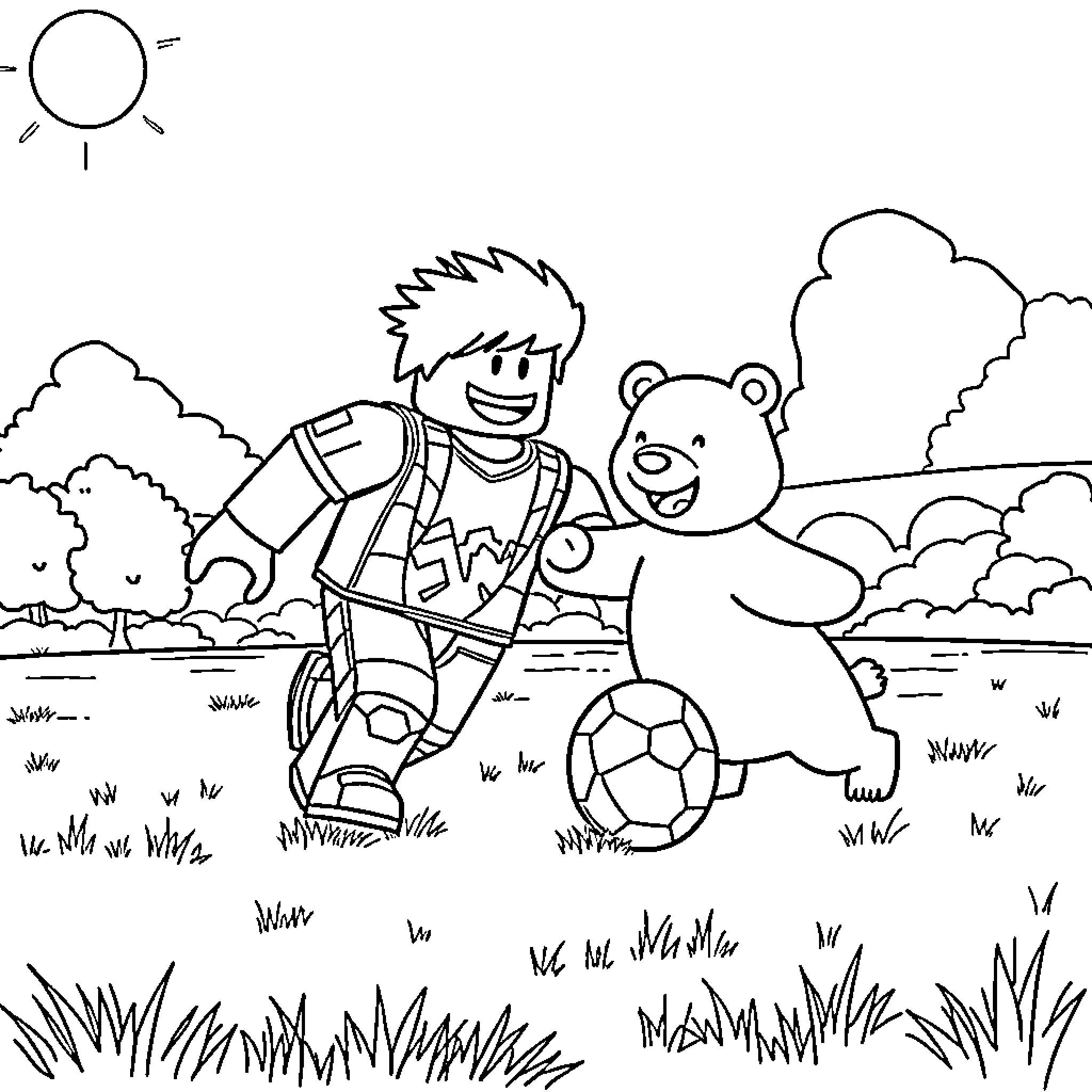 Roblox Person playing soccer with a bear in a grassy field Coloring Page (free black-and-white line drawing printable PDF for all, from beginners to advanced learners, including children, teens, adults, and seniors)