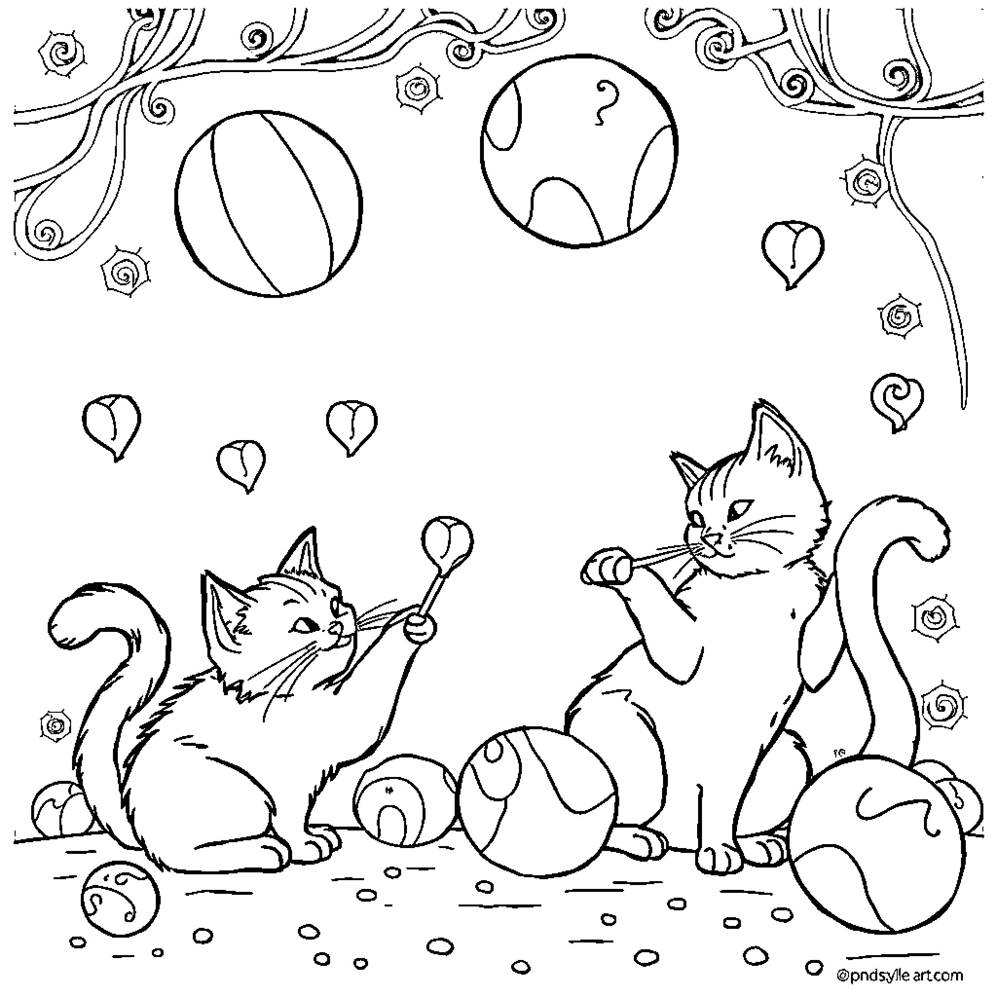 Playful Cats in a Whimsical Garden Coloring Page (free black-and-white line drawing printable PDF for all, from beginners to advanced learners, including children, teens, adults, and seniors)