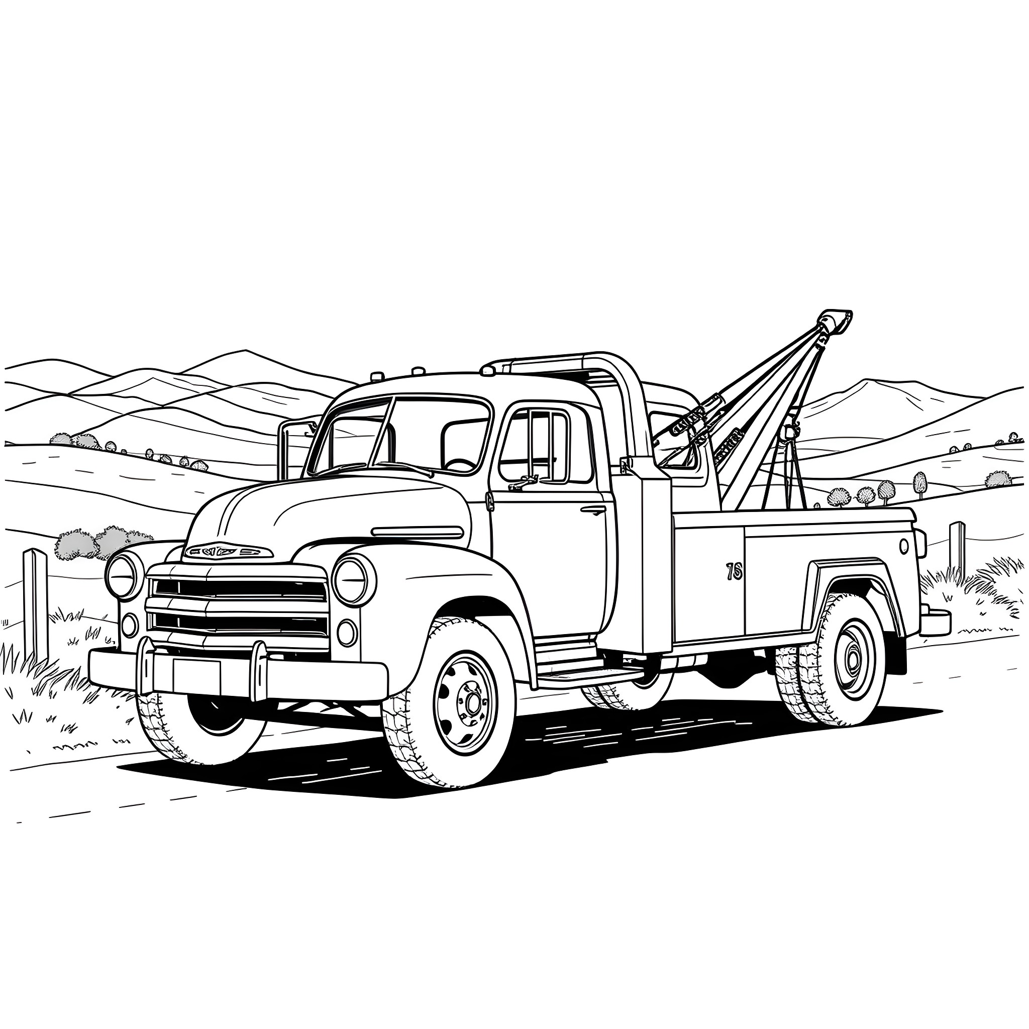 Tow Truck Assisting a Vehicle in the Countryside Coloring Page (free black-and-white line drawing printable PDF for all, from beginners to advanced learners, including children, teens, adults, and seniors)