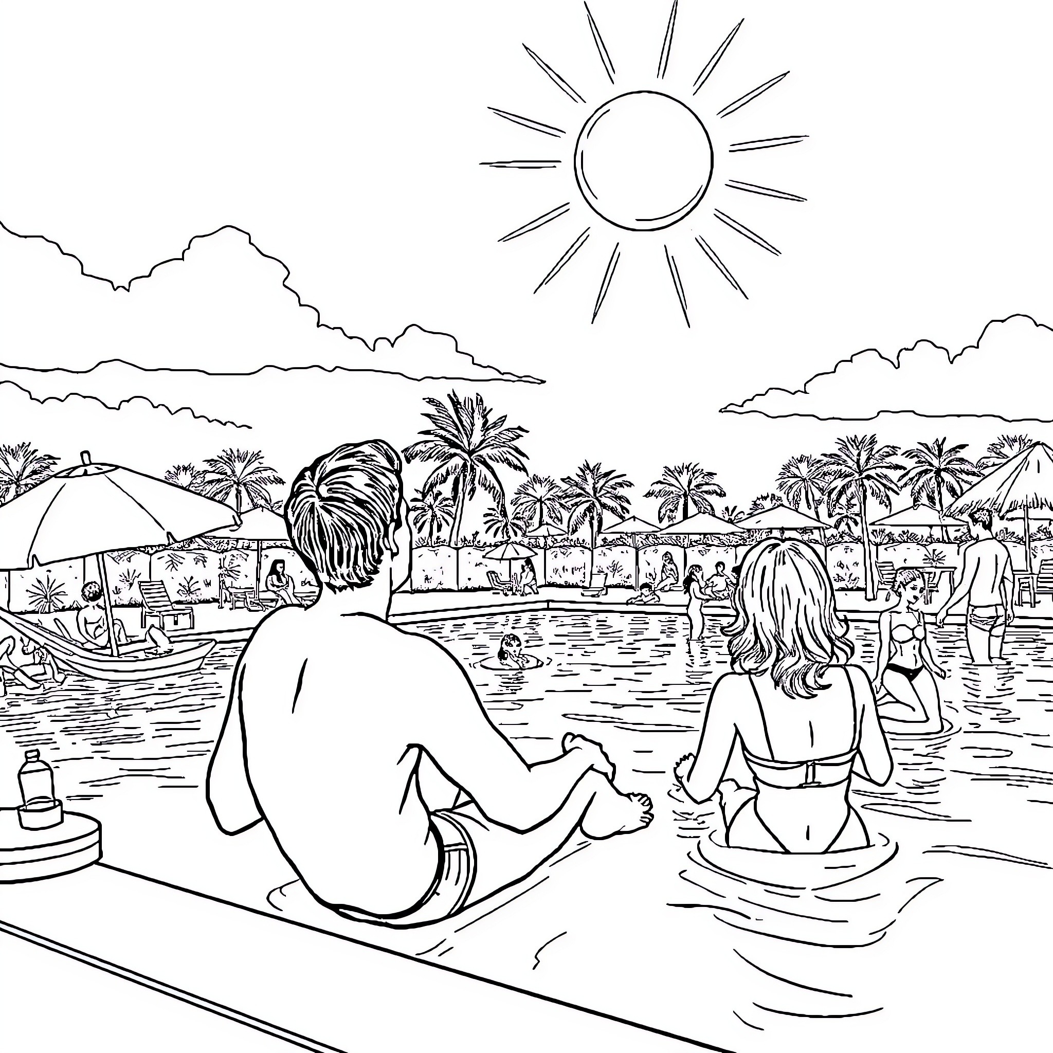 Wednesday by the pool enjoying the sun Coloring Page (free black-and-white line drawing printable PDF for all, from beginners to advanced learners, including children, teens, adults, and seniors)