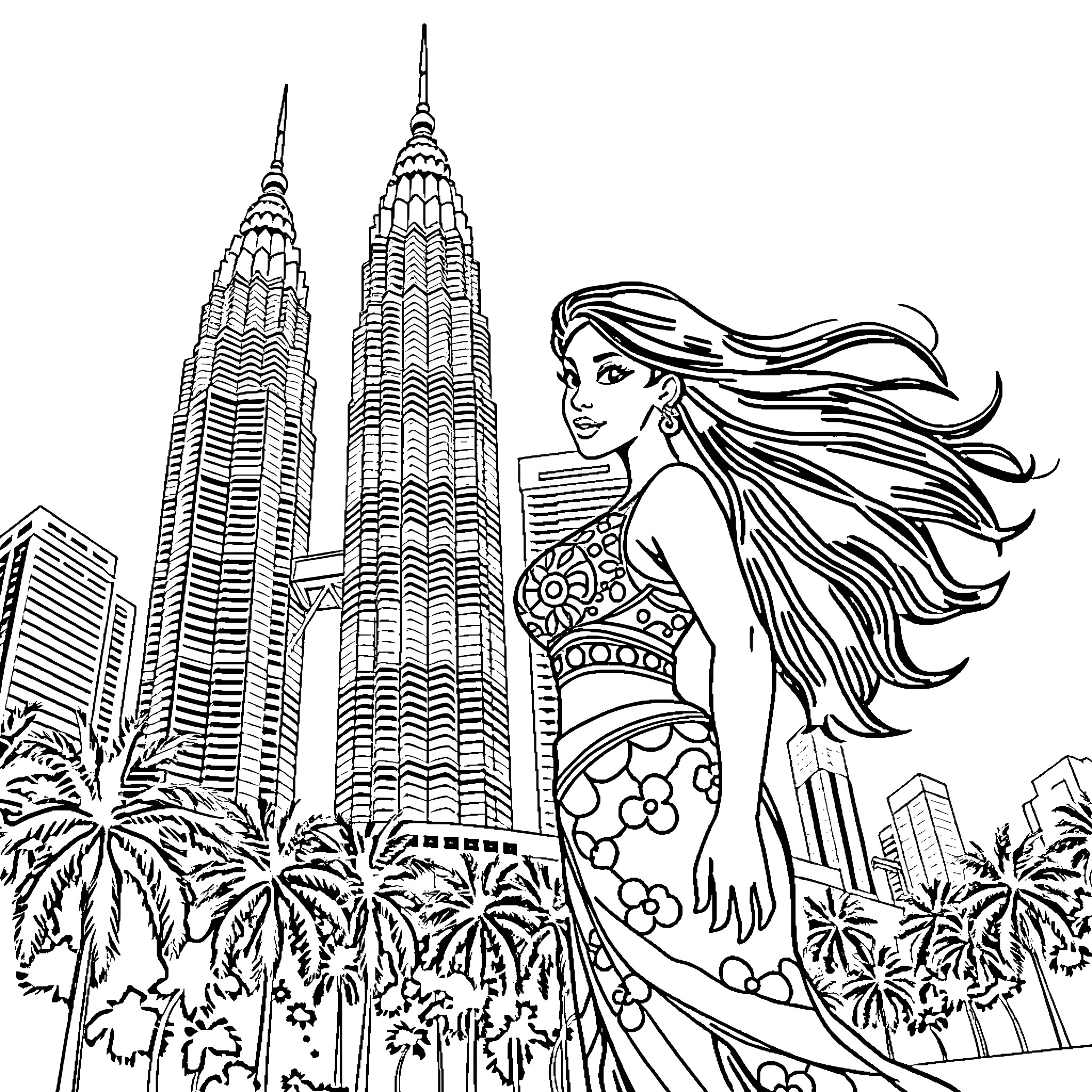 Moana exploring the urban landscape with Petronas Towers Coloring Page (free black-and-white line drawing printable PDF for all, from beginners to advanced learners, including children, teens, adults, and seniors)