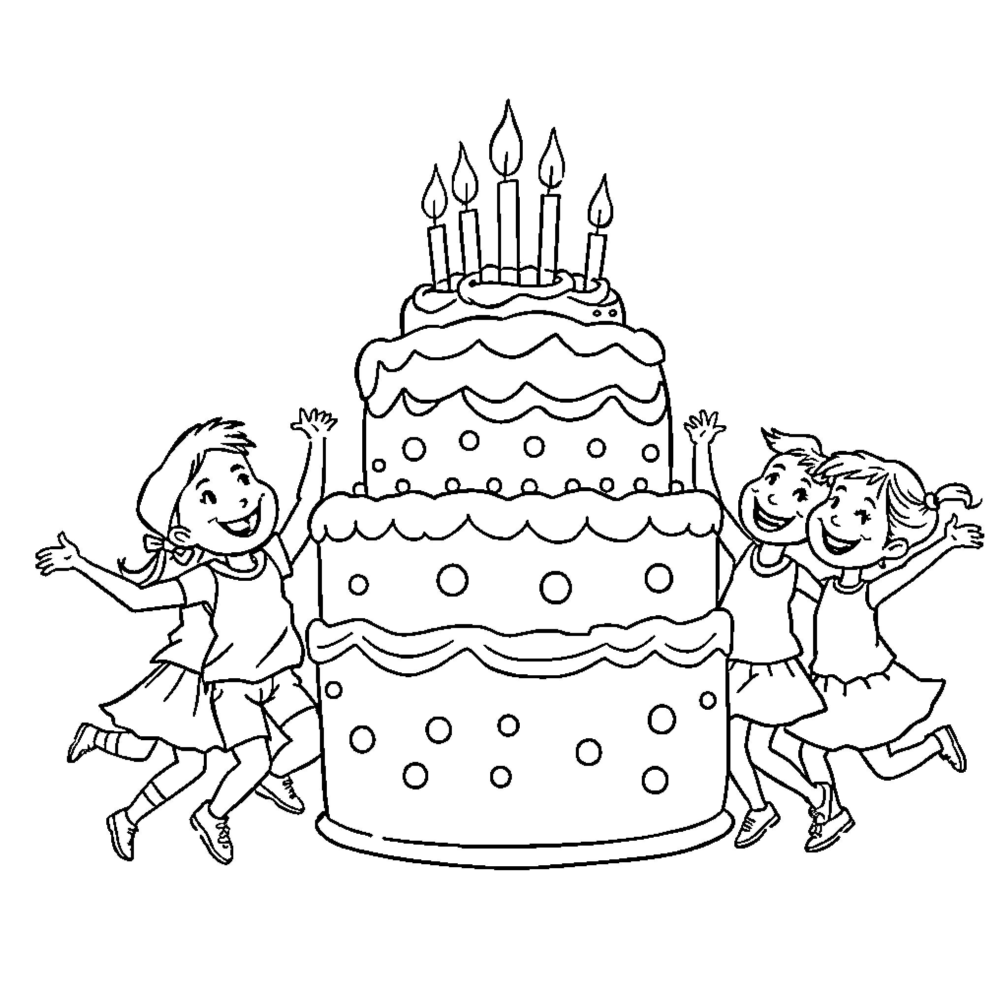 Child Celebrating Birthday with Cake and Friends Coloring Page (free black-and-white line drawing printable PDF for all, from beginners to advanced learners, including children, teens, adults, and seniors)