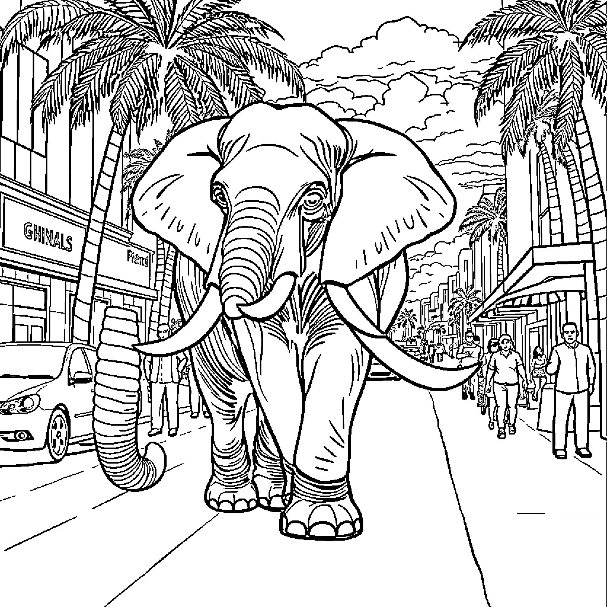 Elephant walking through a bustling urban street Coloring Page (free black-and-white line drawing printable PDF for all, from beginners to advanced learners, including children, teens, adults, and seniors)