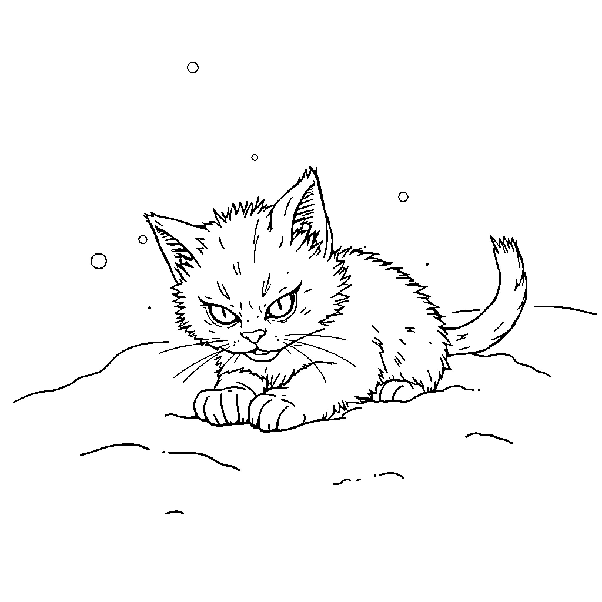 Kitty Exploring the Snowy Landscape Coloring Page (free black-and-white line drawing printable PDF for all, from beginners to advanced learners, including children, teens, adults, and seniors)
