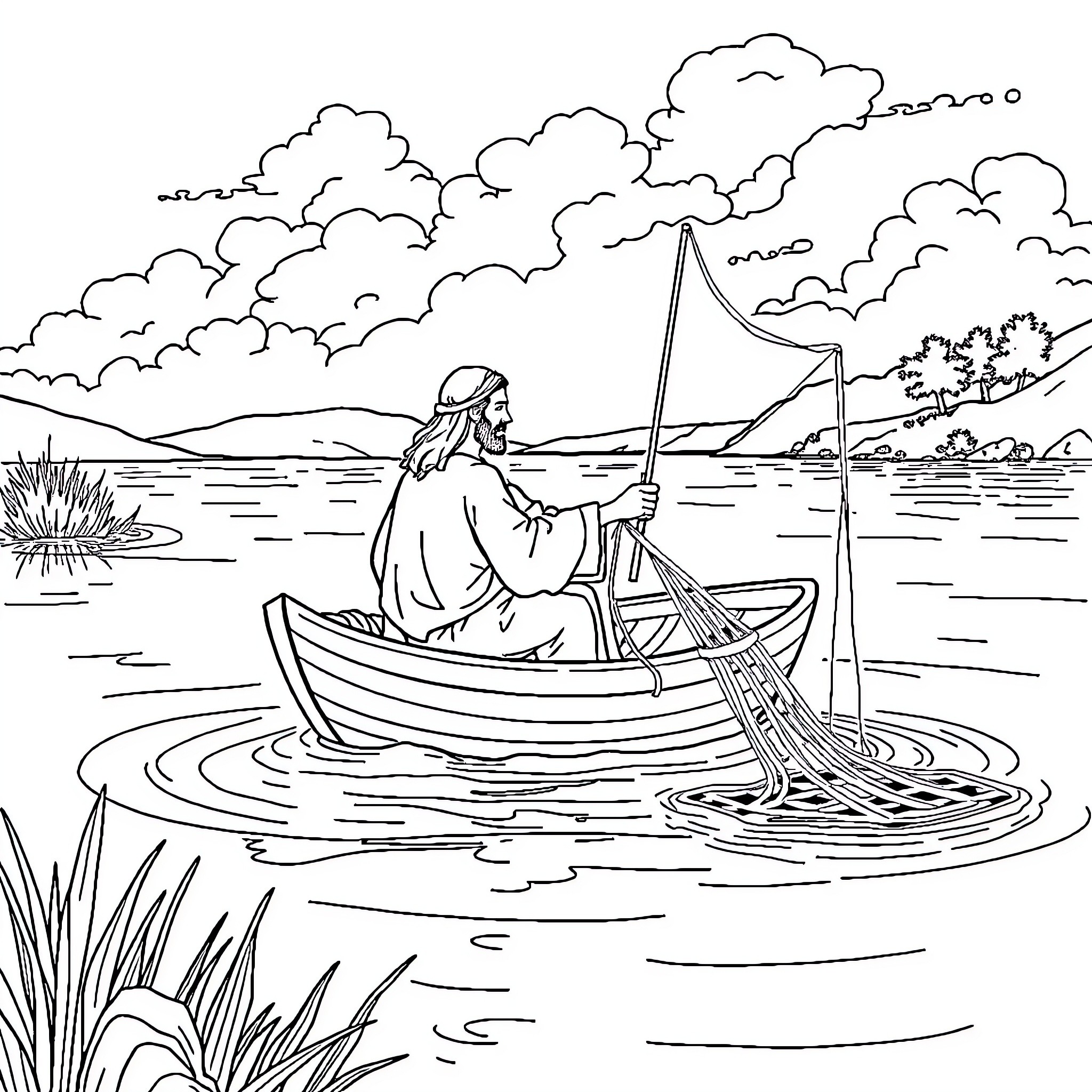 Jesus sailing serenely on the waters Coloring Page (free black-and-white line drawing printable PDF for all, from beginners to advanced learners, including children, teens, adults, and seniors)