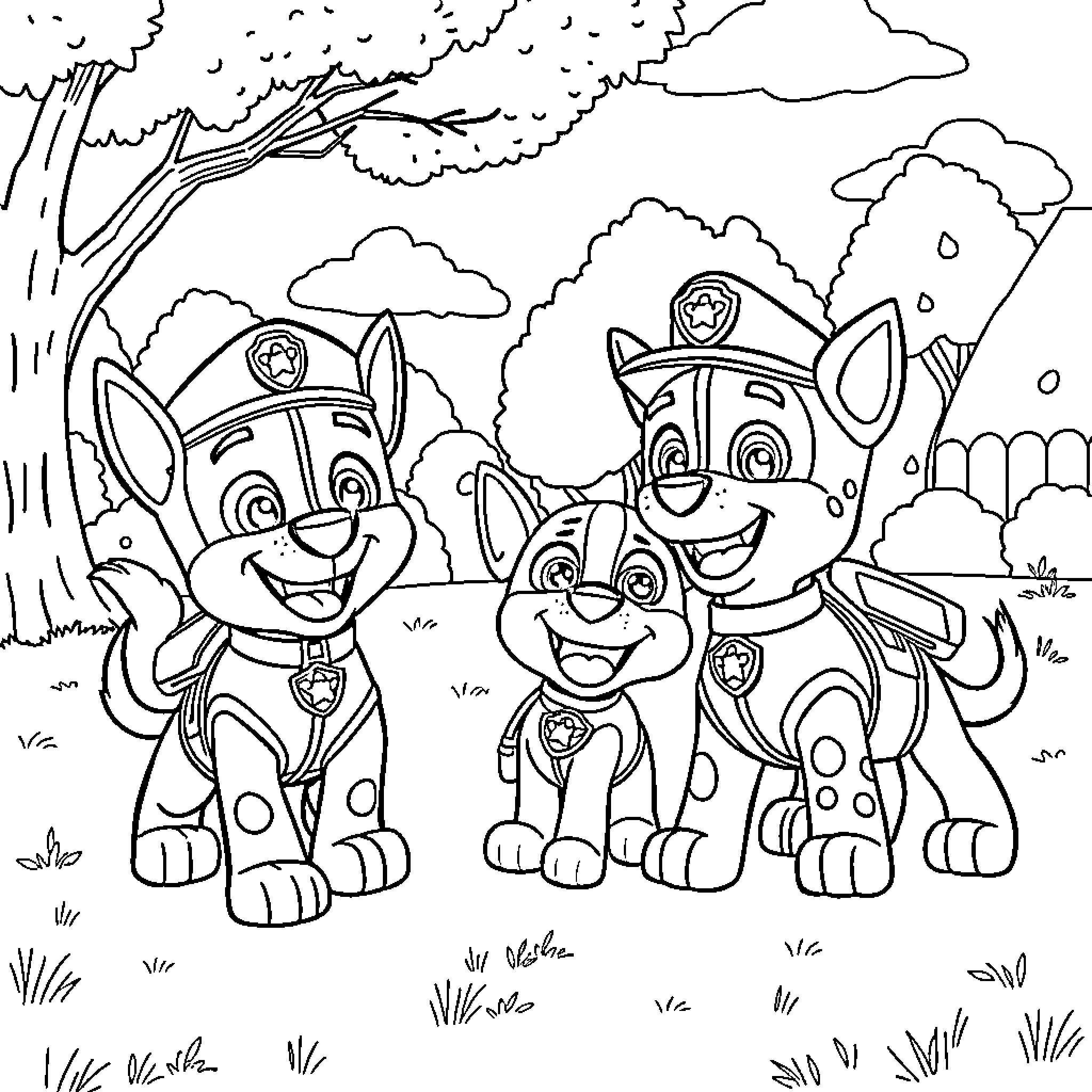 Paw Patrol Characters in Outdoor Adventure Coloring Page (free black-and-white line drawing printable PDF for all, from beginners to advanced learners, including children, teens, adults, and seniors)