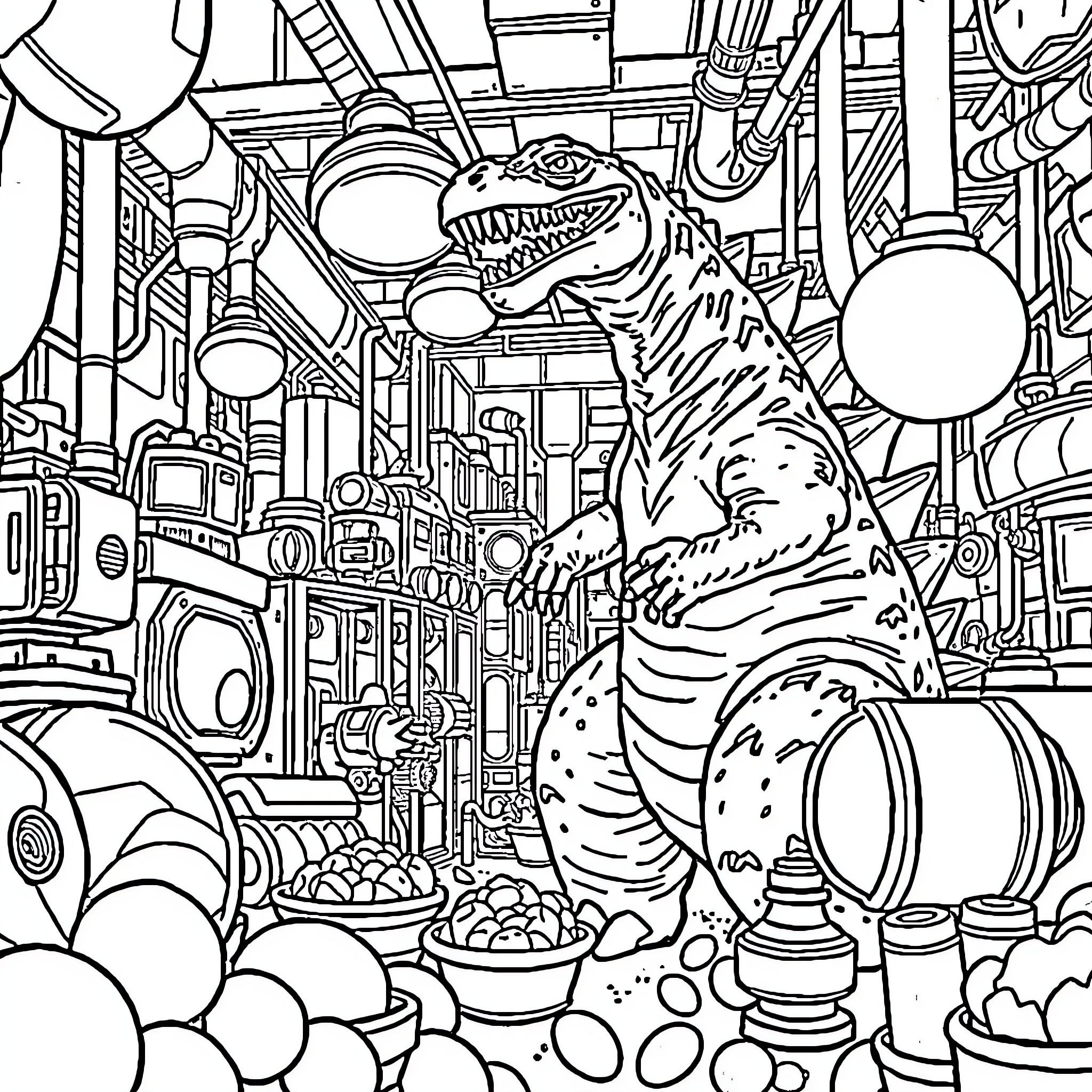 Godzilla Rampaging Through a Futuristic Cityscape Coloring Page (free black-and-white line drawing printable PDF for all, from beginners to advanced learners, including children, teens, adults, and seniors)