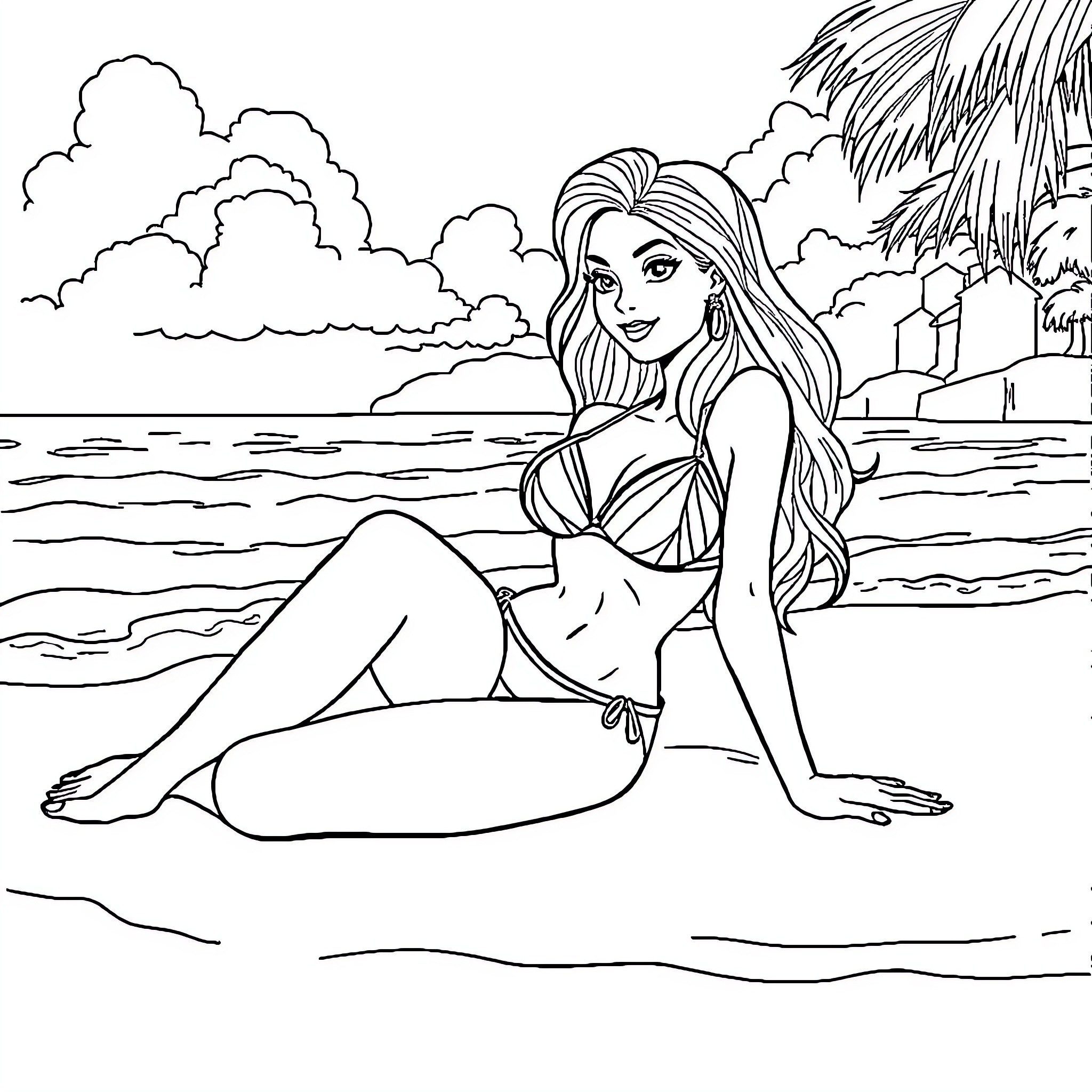 Belle relaxing on the beach Coloring Page (free black-and-white line drawing printable PDF for all, from beginners to advanced learners, including children, teens, adults, and seniors)