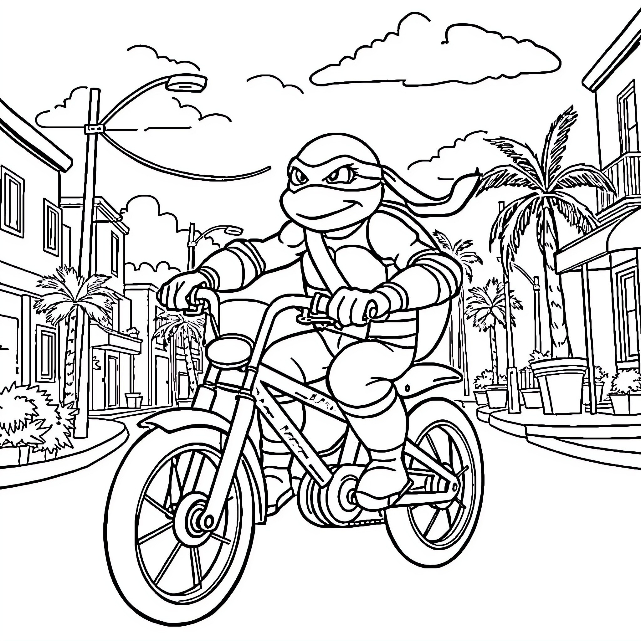 Ninja Turtle riding bicycle through city streets Coloring Page (free black-and-white line drawing printable PDF for all, from beginners to advanced learners, including children, teens, adults, and seniors)