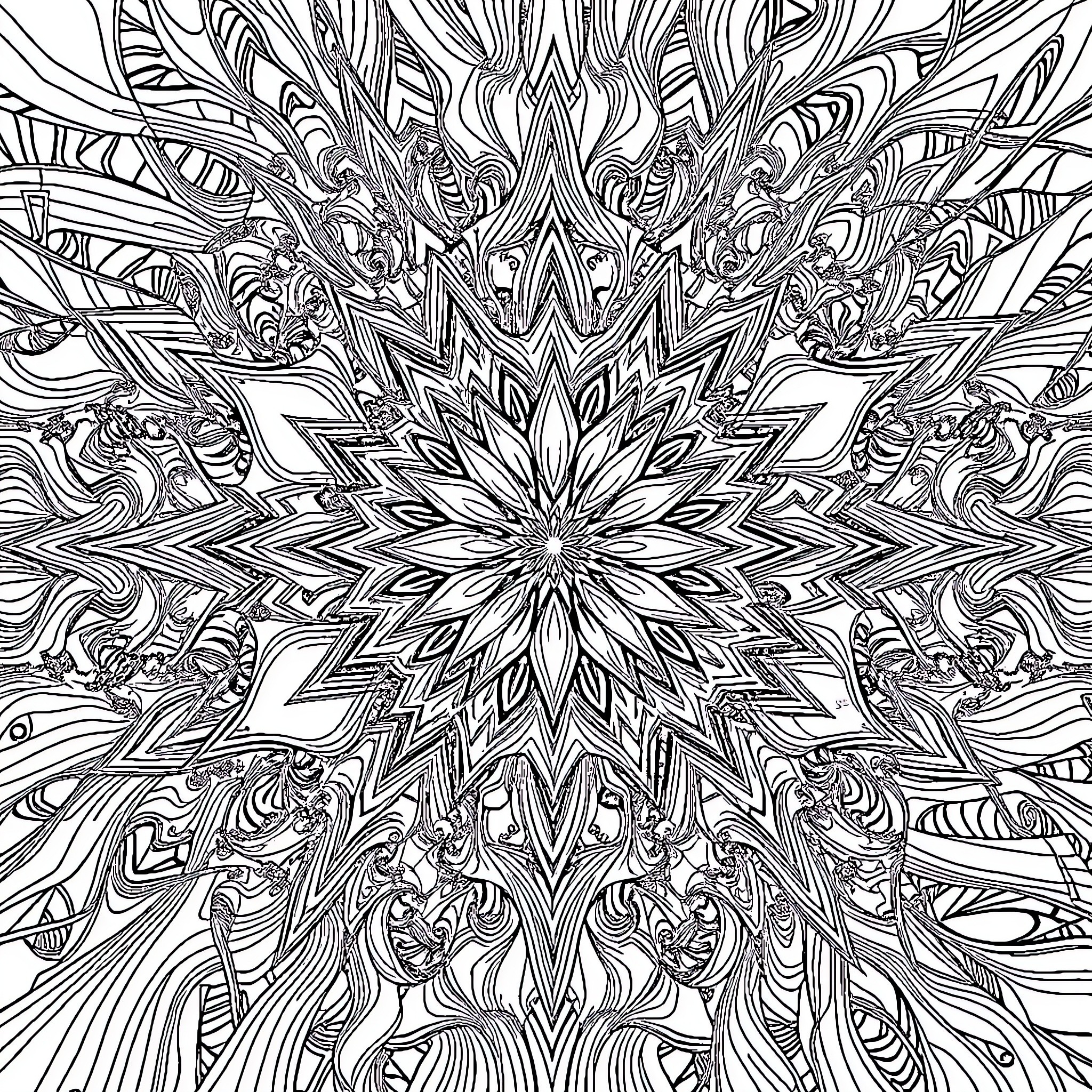 Fractal Symmetrical Floral Pattern Coloring Page (free black-and-white line drawing printable PDF for all, from beginners to advanced learners, including children, teens, adults, and seniors)