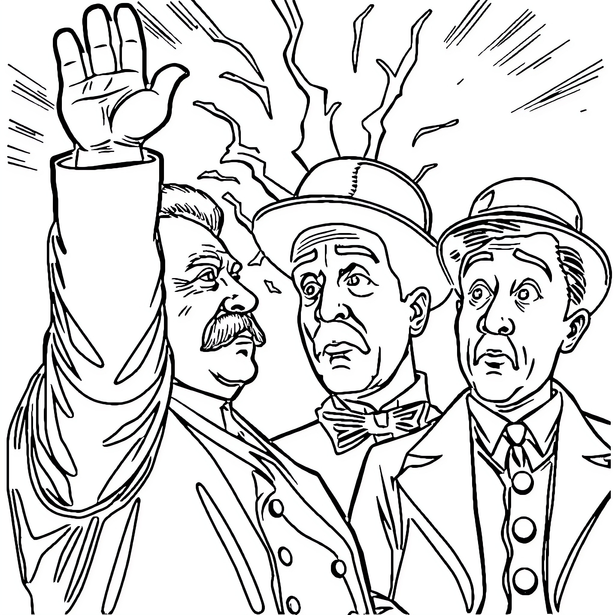 Joseph Stalin giving a passionate speech surrounded by comrades Coloring Page (free black-and-white line drawing printable PDF for all, from beginners to advanced learners, including children, teens, adults, and seniors)
