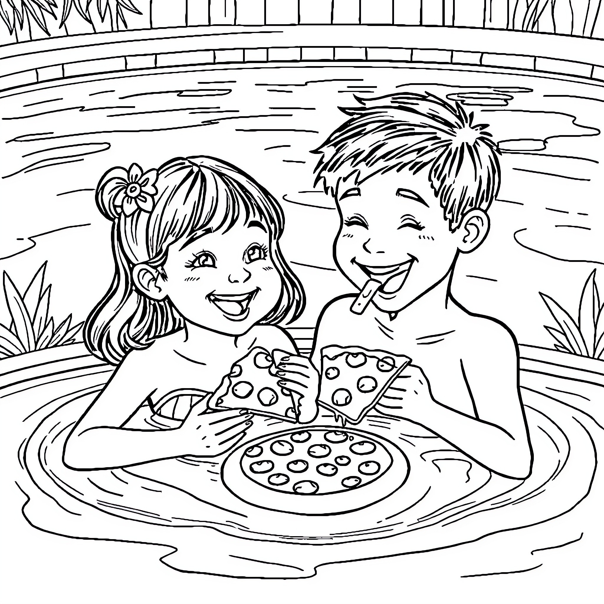 Brother and sister playing in the pool Coloring Page (free black-and-white line drawing printable PDF for all, from beginners to advanced learners, including children, teens, adults, and seniors)