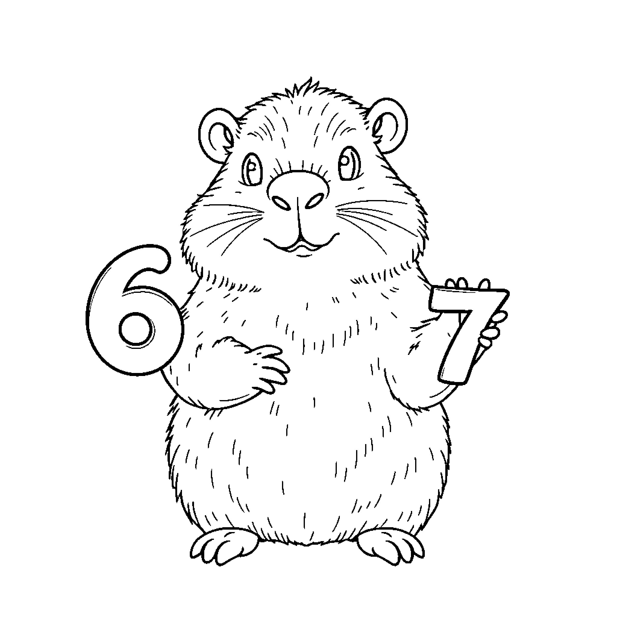 Capybara counting numbers happily Coloring Page (free black-and-white line drawing printable PDF for all, from beginners to advanced learners, including children, teens, adults, and seniors)