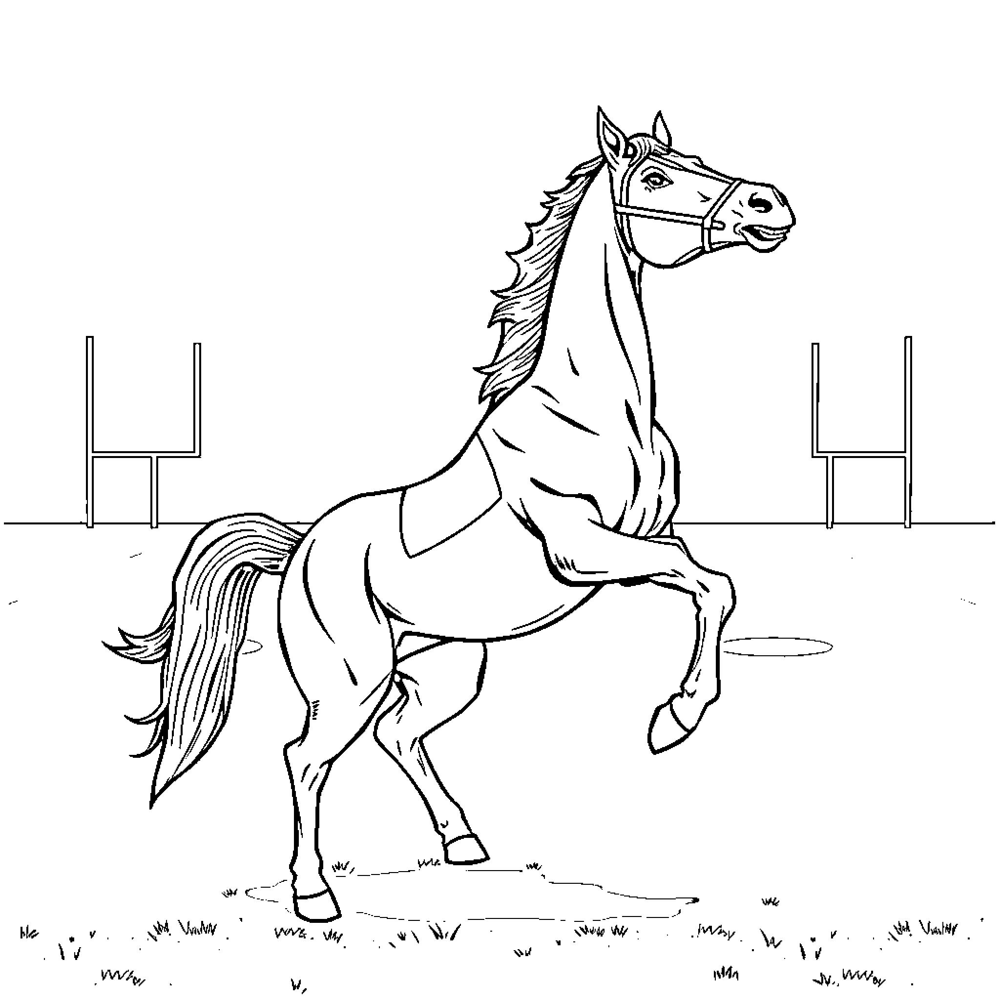 Mustang horse galloping in an arena Coloring Page (free black-and-white line drawing printable PDF for all, from beginners to advanced learners, including children, teens, adults, and seniors)