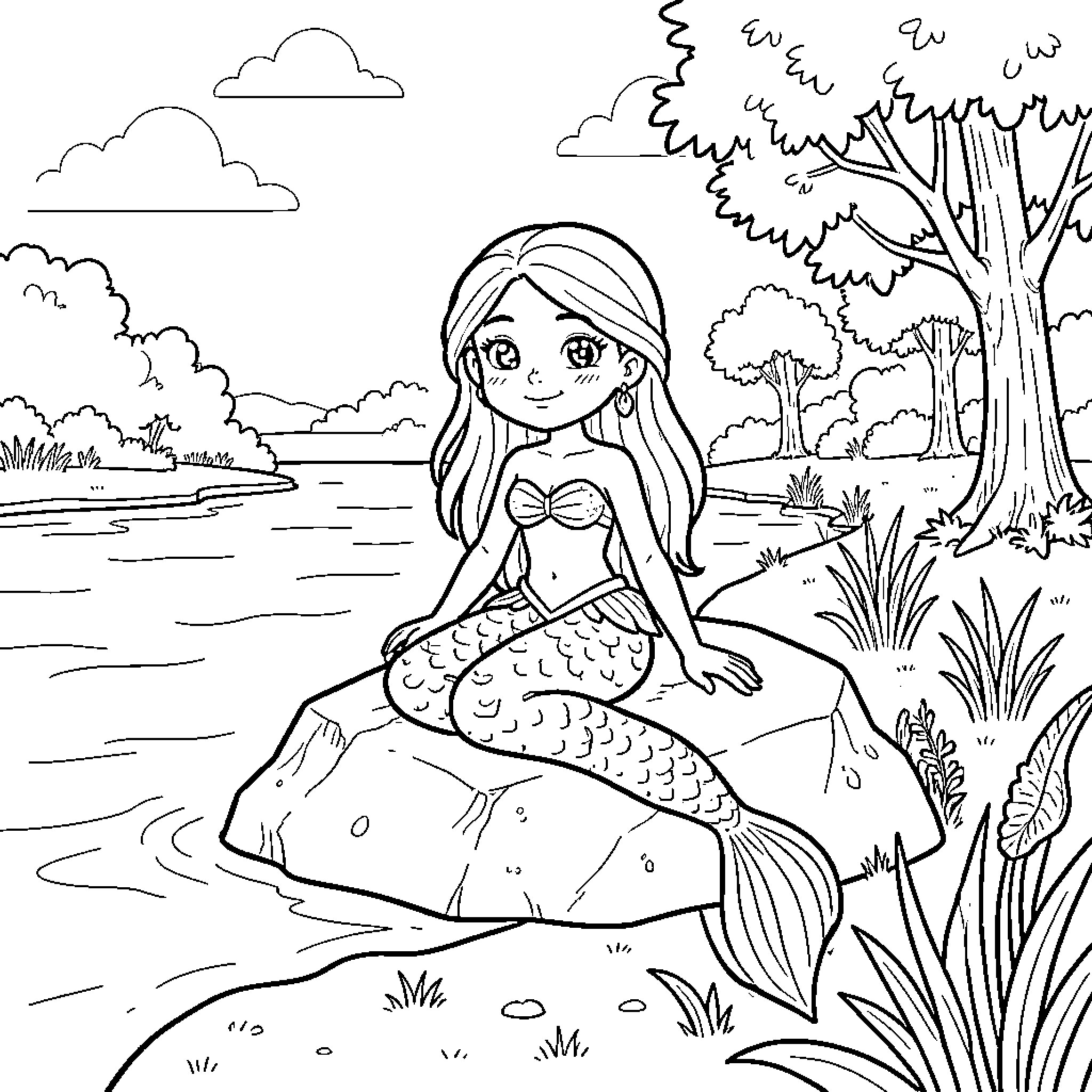 Maid mermaid sitting on a rock by the river Coloring Page (free black-and-white line drawing printable PDF for all, from beginners to advanced learners, including children, teens, adults, and seniors)