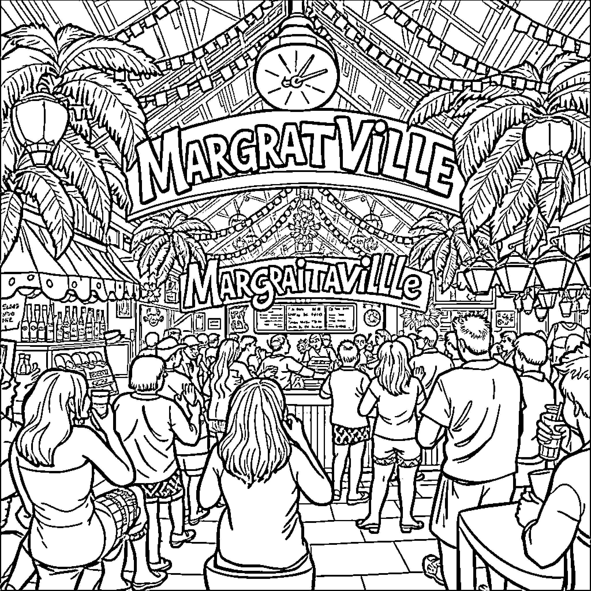Jimmy Buffett's Margaritaville: A Lively Beach Party Scene Coloring Page (free black-and-white line drawing printable PDF for all, from beginners to advanced learners, including children, teens, adults, and seniors)