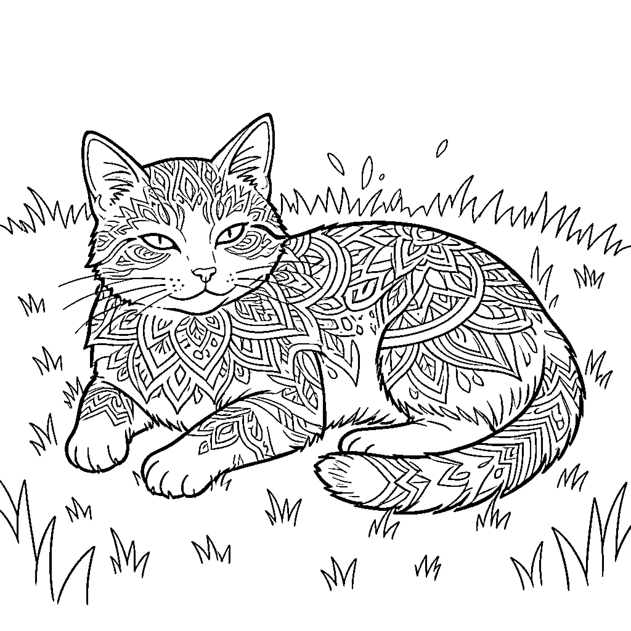 Cat in the Grass with Intricate Patterns Coloring Page (free black-and-white line drawing printable PDF for all, from beginners to advanced learners, including children, teens, adults, and seniors)
