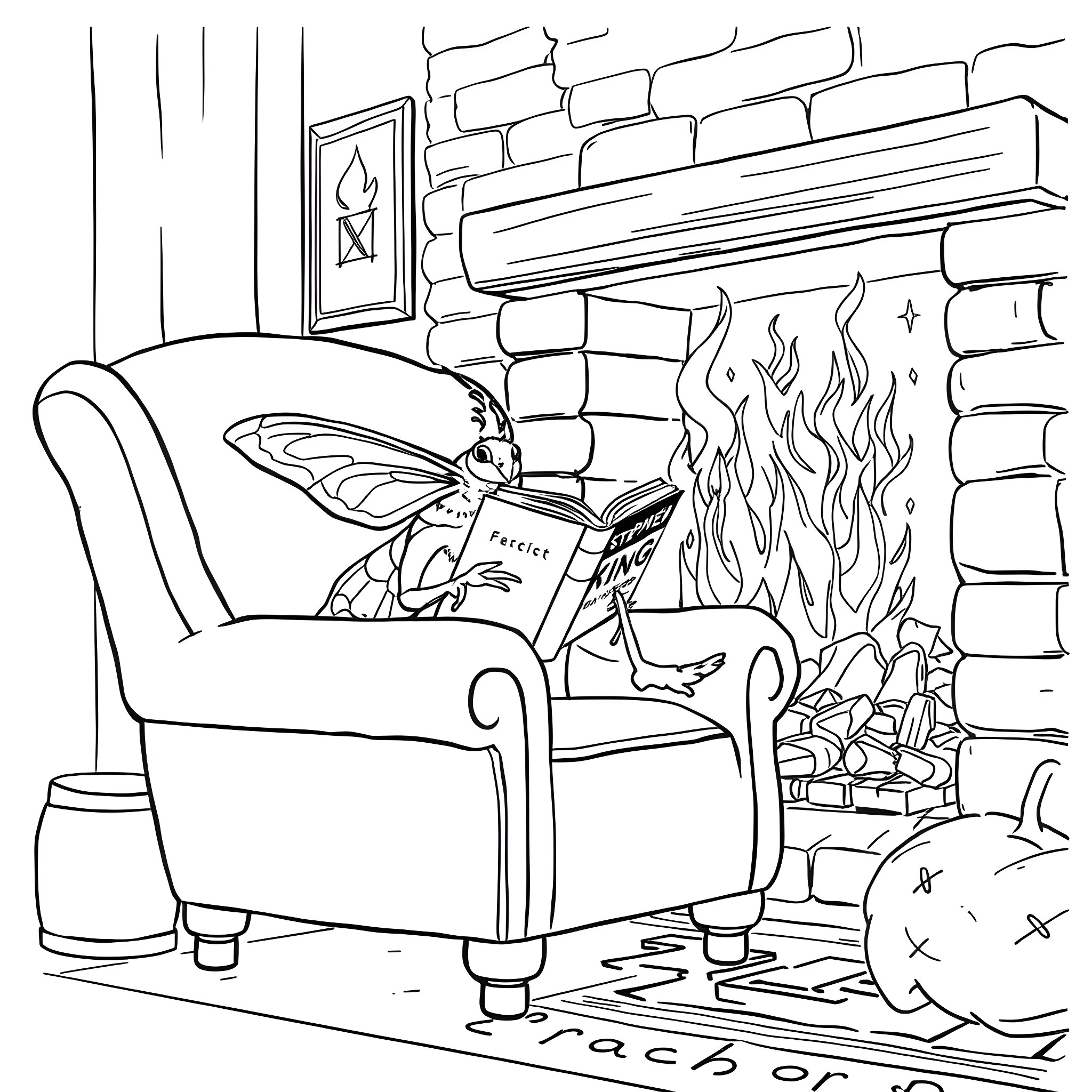 Moth reading a book by the fireplace Coloring Page (free black-and-white line drawing printable PDF for all, from beginners to advanced learners, including children, teens, adults, and seniors)