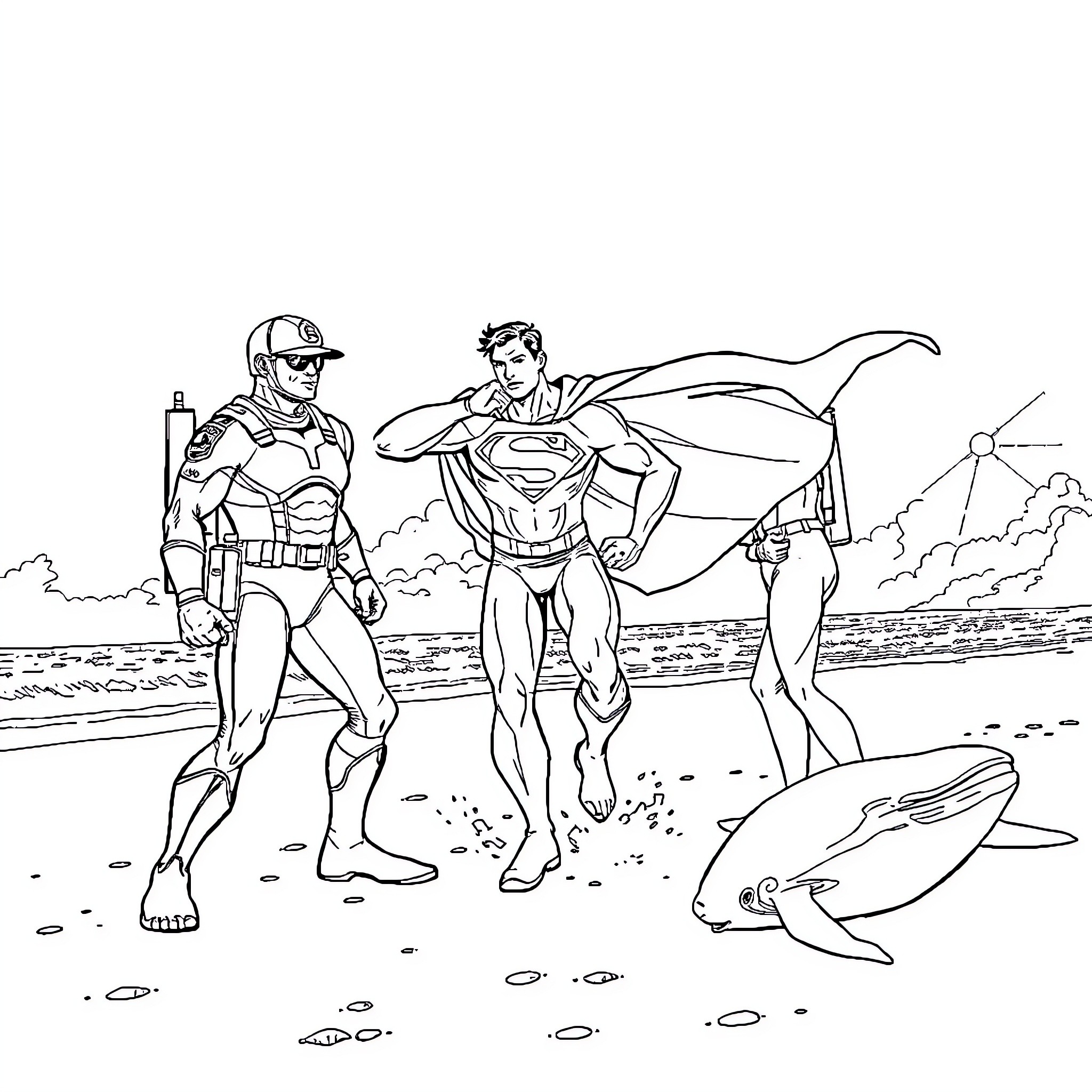 Superman and sidekick on beach adventure Coloring Page (free black-and-white line drawing printable PDF for all, from beginners to advanced learners, including children, teens, adults, and seniors)