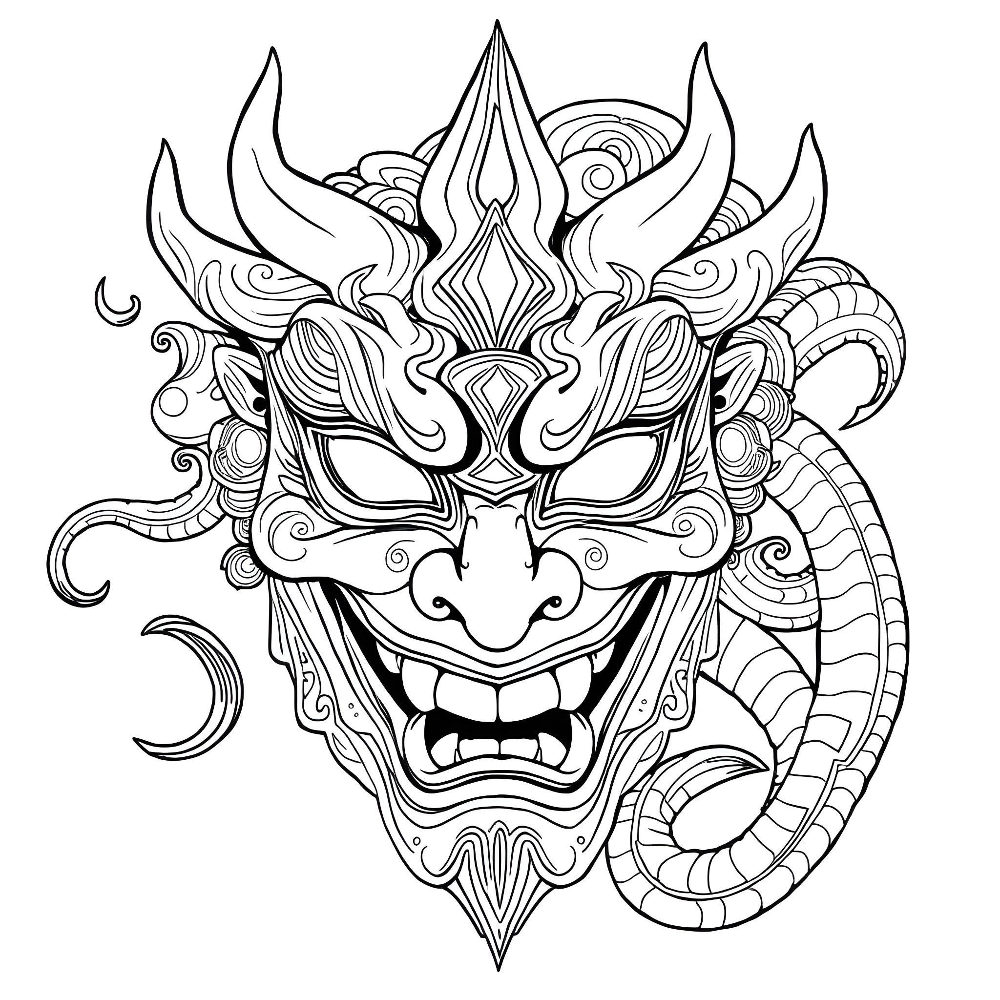 Hannya Mask with Intricate Mythical Patterns Coloring Page (free black-and-white line drawing printable PDF for all, from beginners to advanced learners, including children, teens, adults, and seniors)