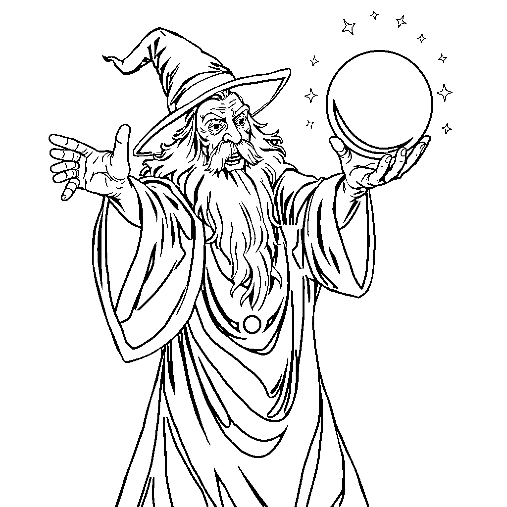Wizard performing magical ritual with crystal ball Coloring Page (free black-and-white line drawing printable PDF for all, from beginners to advanced learners, including children, teens, adults, and seniors)