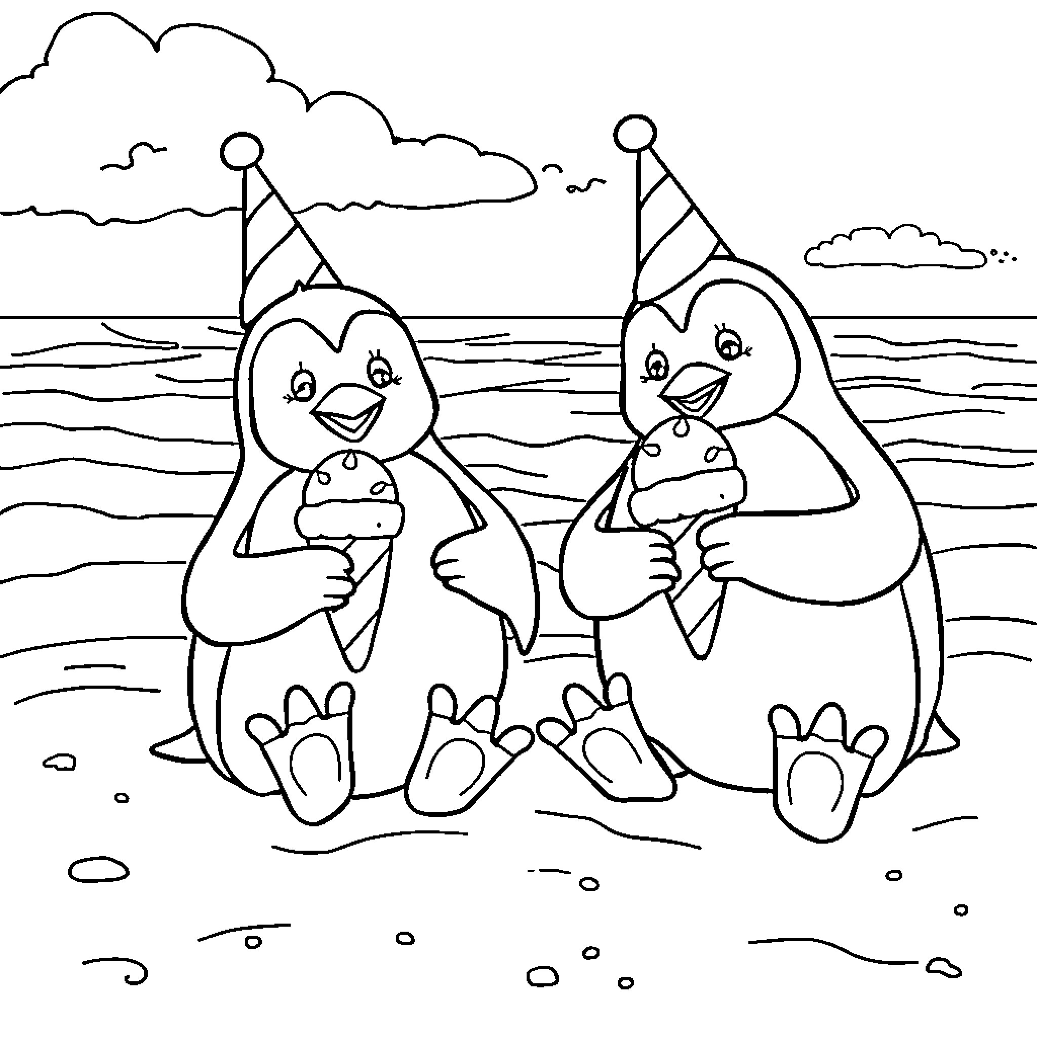 Penguin friends enjoying an ice cream treat Coloring Page (free black-and-white line drawing printable PDF for all, from beginners to advanced learners, including children, teens, adults, and seniors)