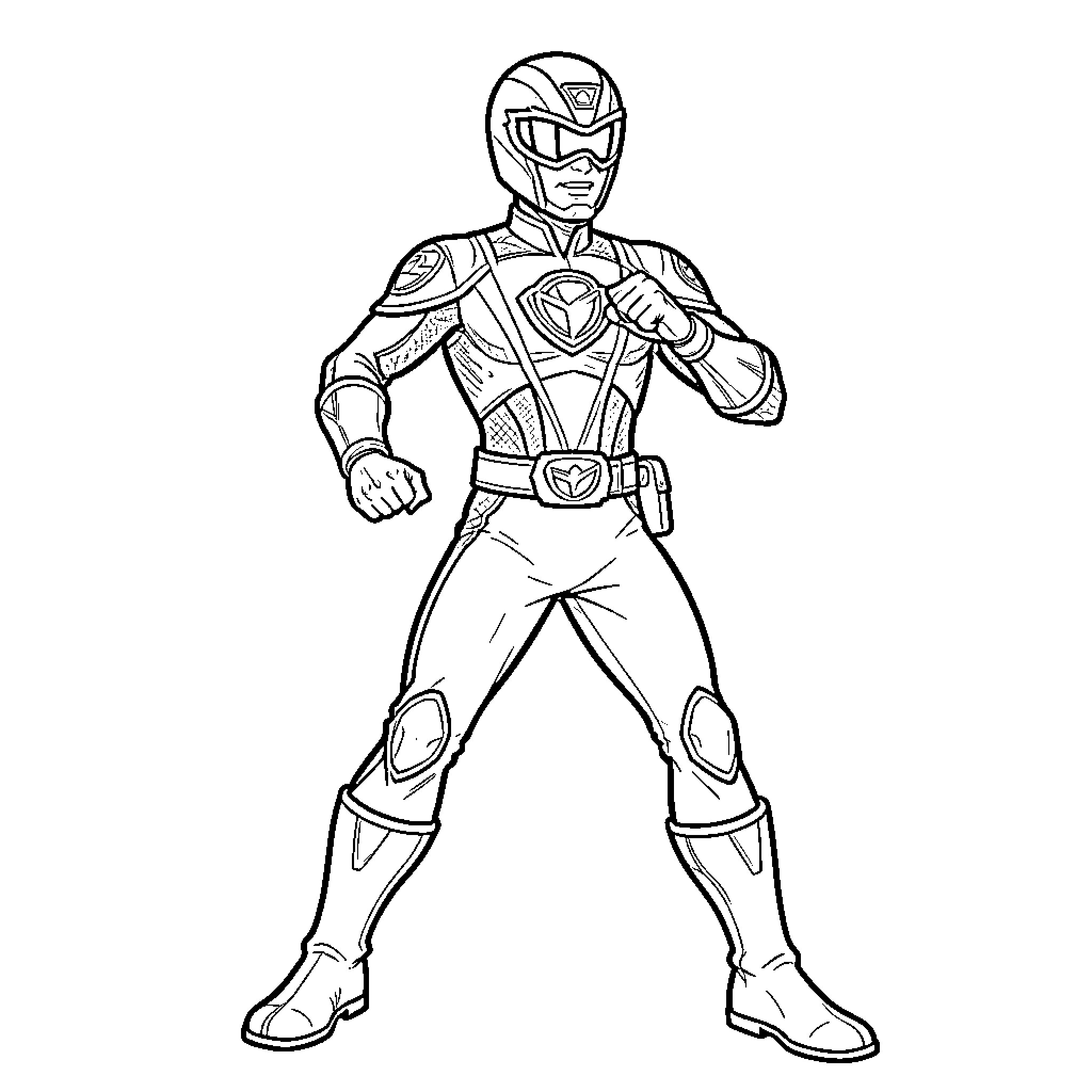 Power Ranger in Heroic Pose Coloring Page (free black-and-white line drawing printable PDF for all, from beginners to advanced learners, including children, teens, adults, and seniors)