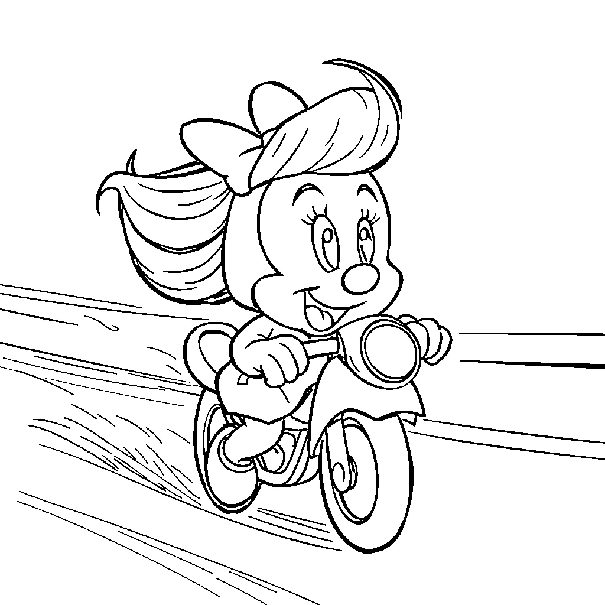 Minnie riding a bicycle happily Coloring Page (free black-and-white line drawing printable PDF for all, from beginners to advanced learners, including children, teens, adults, and seniors)