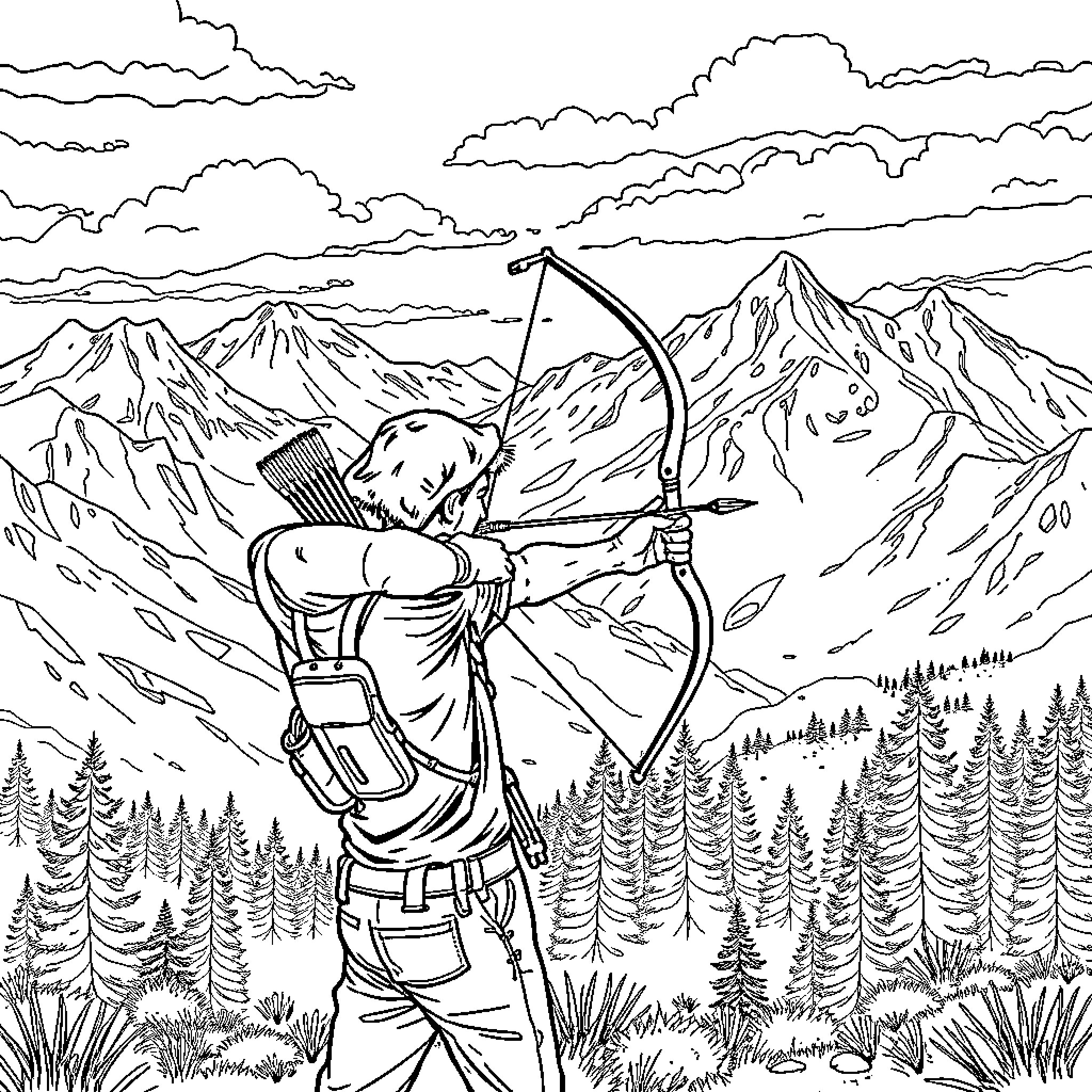 Archer aiming bow amidst mountainous landscape Coloring Page (free black-and-white line drawing printable PDF for all, from beginners to advanced learners, including children, teens, adults, and seniors)