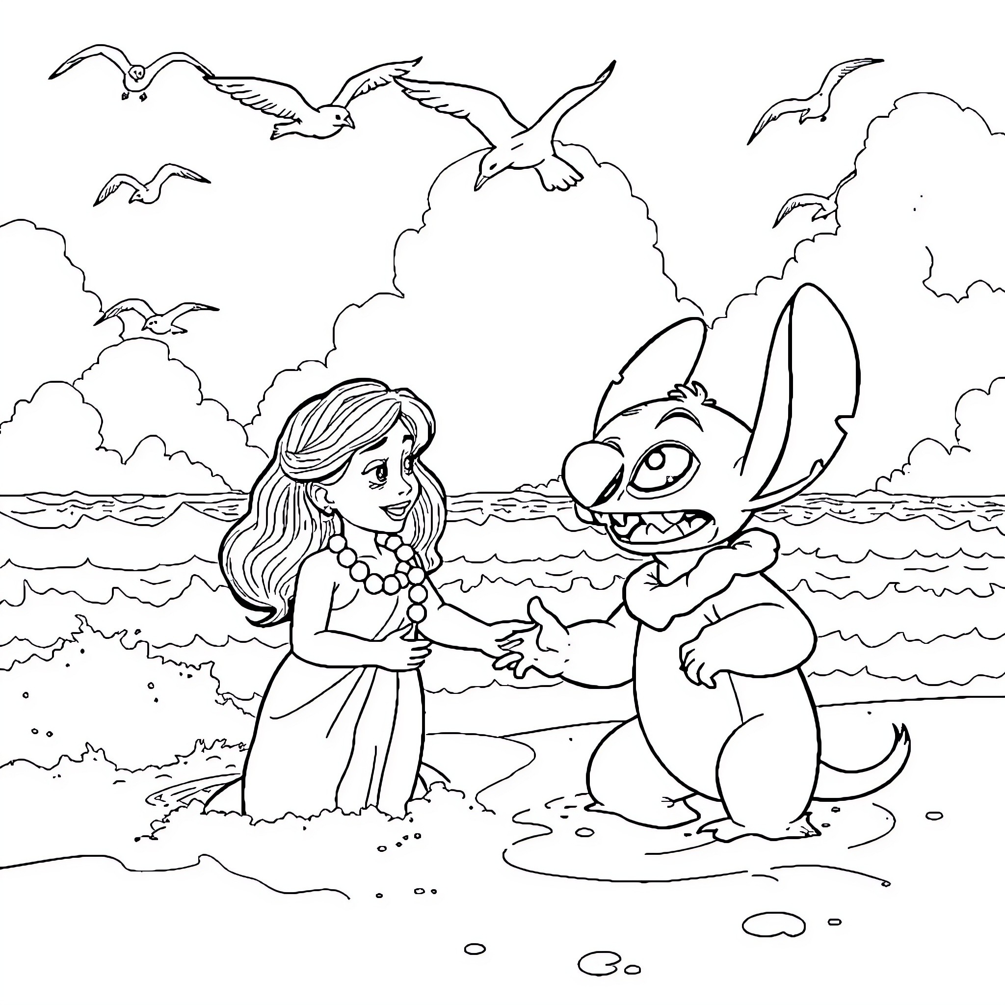 Lilo and Stitch share a tender moment on the beach Coloring Page (free black-and-white line drawing printable PDF for all, from beginners to advanced learners, including children, teens, adults, and seniors)