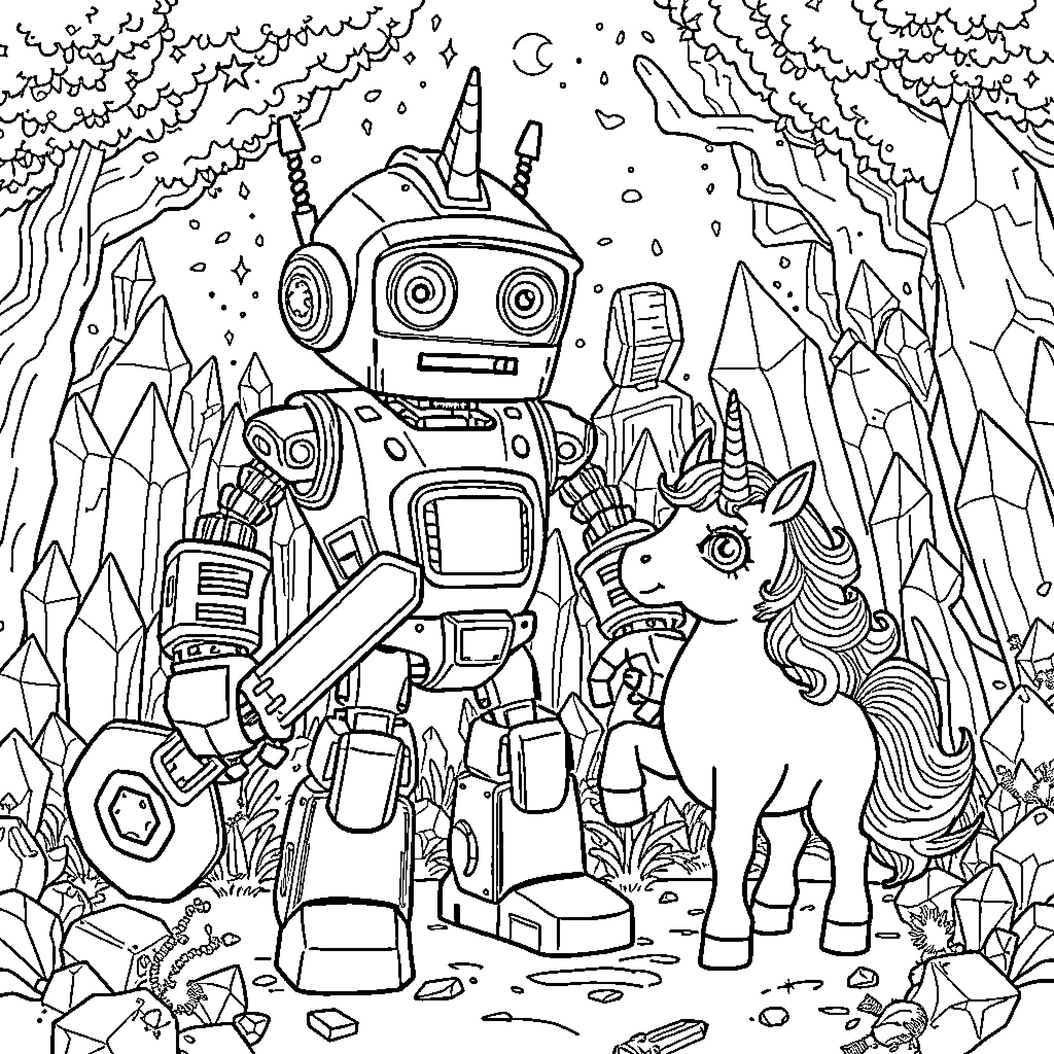Robot exploring the whimsical fantasy landscape with unicorns Coloring Page (free black-and-white line drawing printable PDF for all, from beginners to advanced learners, including children, teens, adults, and seniors)