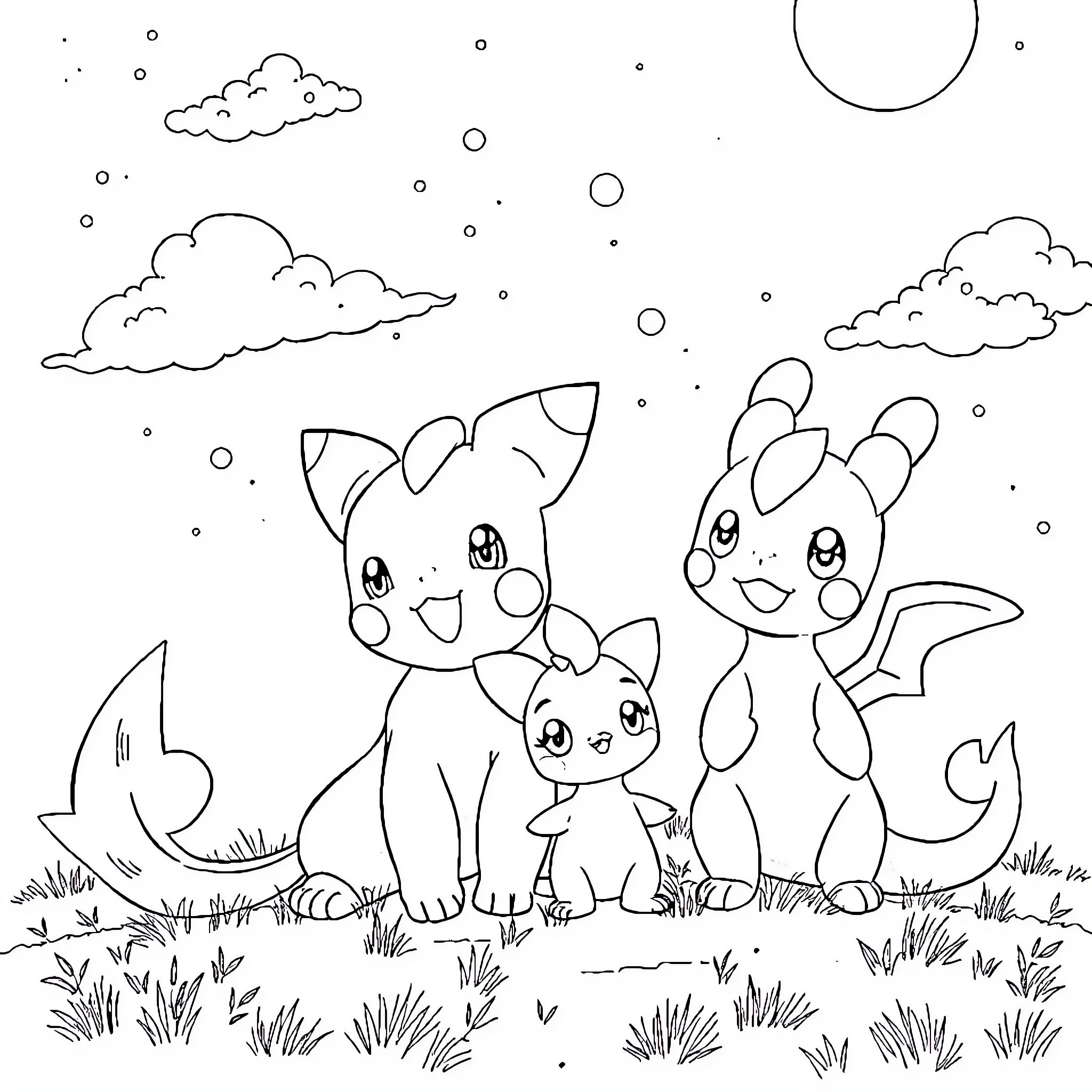 Pokémon friends exploring the night sky Coloring Page (free black-and-white line drawing printable PDF for all, from beginners to advanced learners, including children, teens, adults, and seniors)