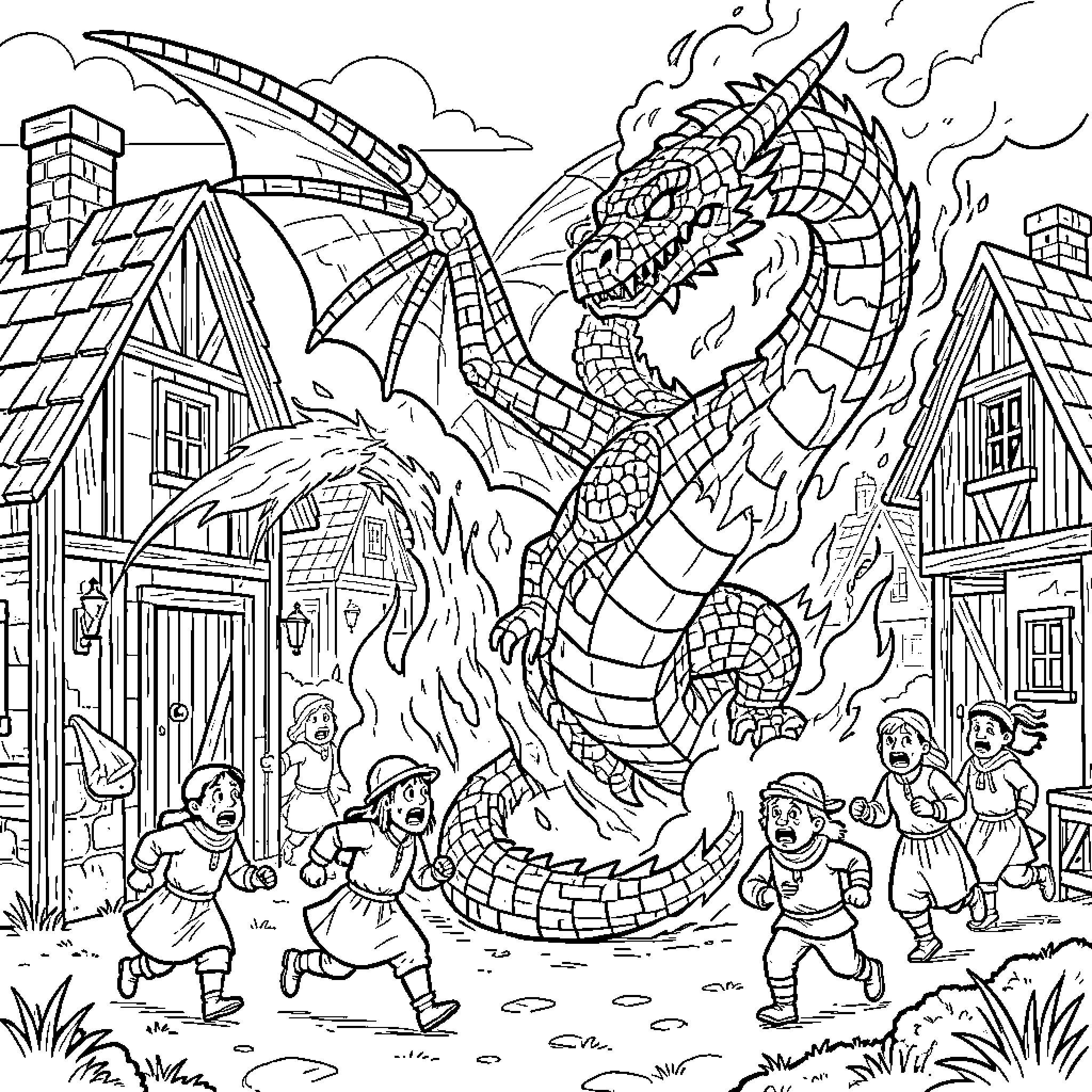 Dragon breathing fire while causing chaos in a village Coloring Page (free black-and-white line drawing printable PDF for all, from beginners to advanced learners, including children, teens, adults, and seniors)