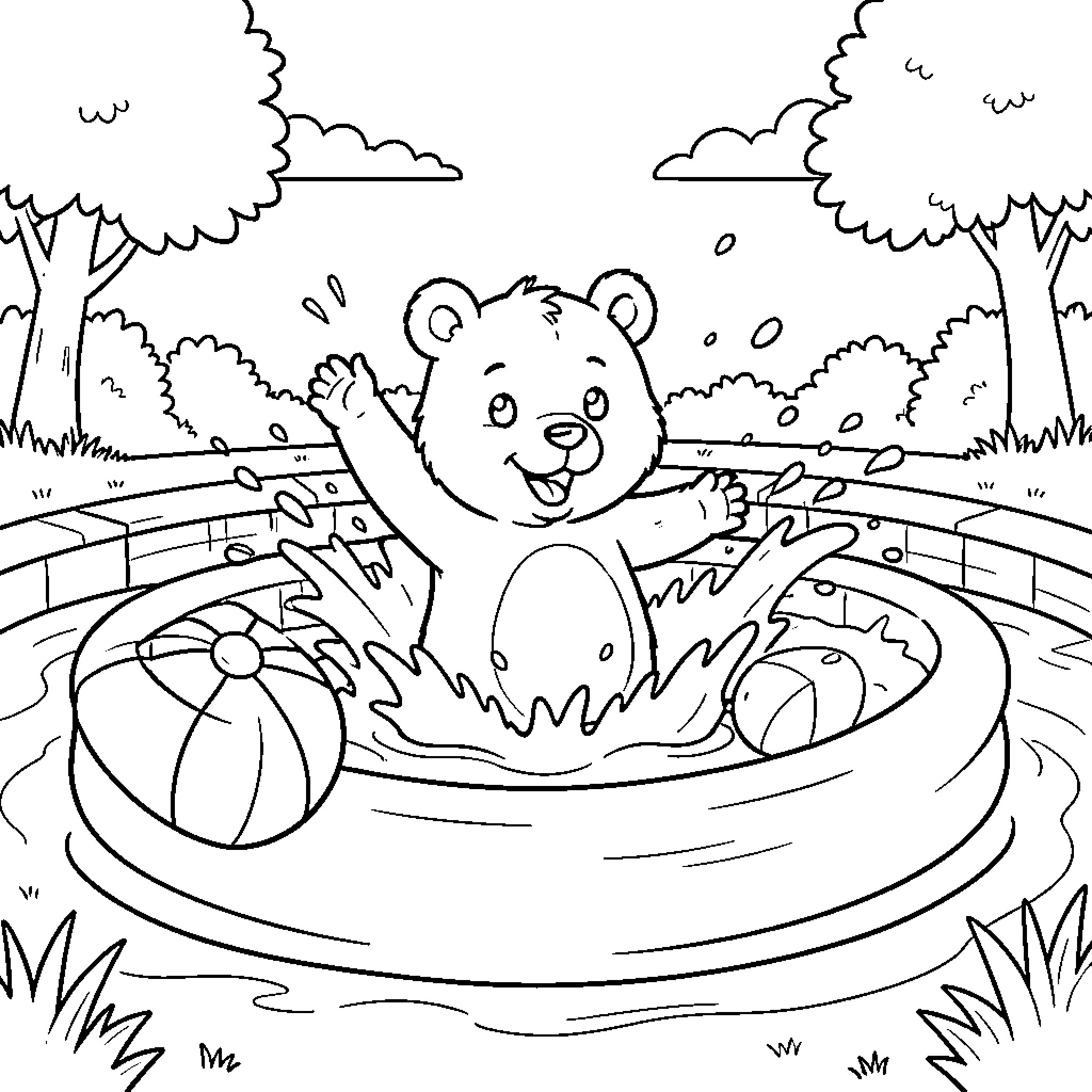 Brown Bear splashing joyfully in a small pool Coloring Page (free black-and-white line drawing printable PDF for all, from beginners to advanced learners, including children, teens, adults, and seniors)