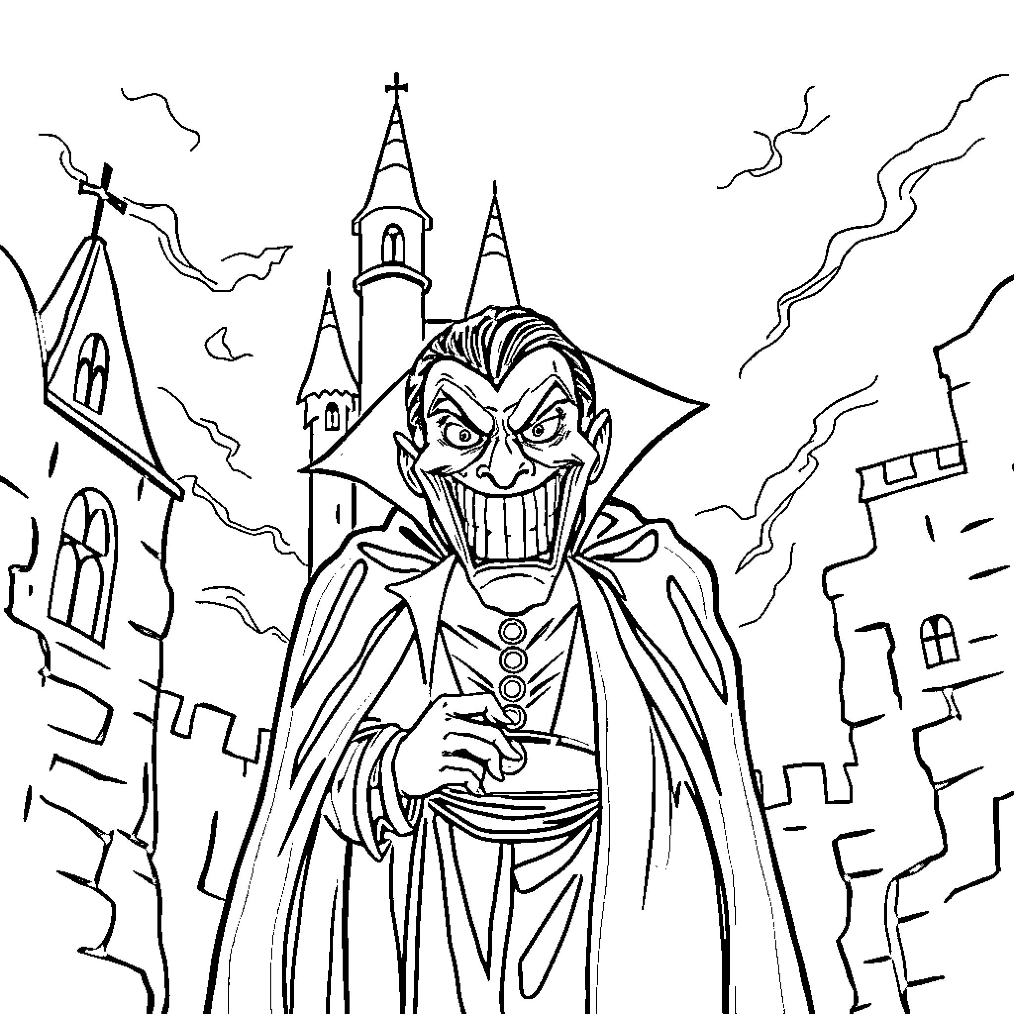 Dracula haunts a spooky castle under a stormy sky Coloring Page (free black-and-white line drawing printable PDF for all, from beginners to advanced learners, including children, teens, adults, and seniors)