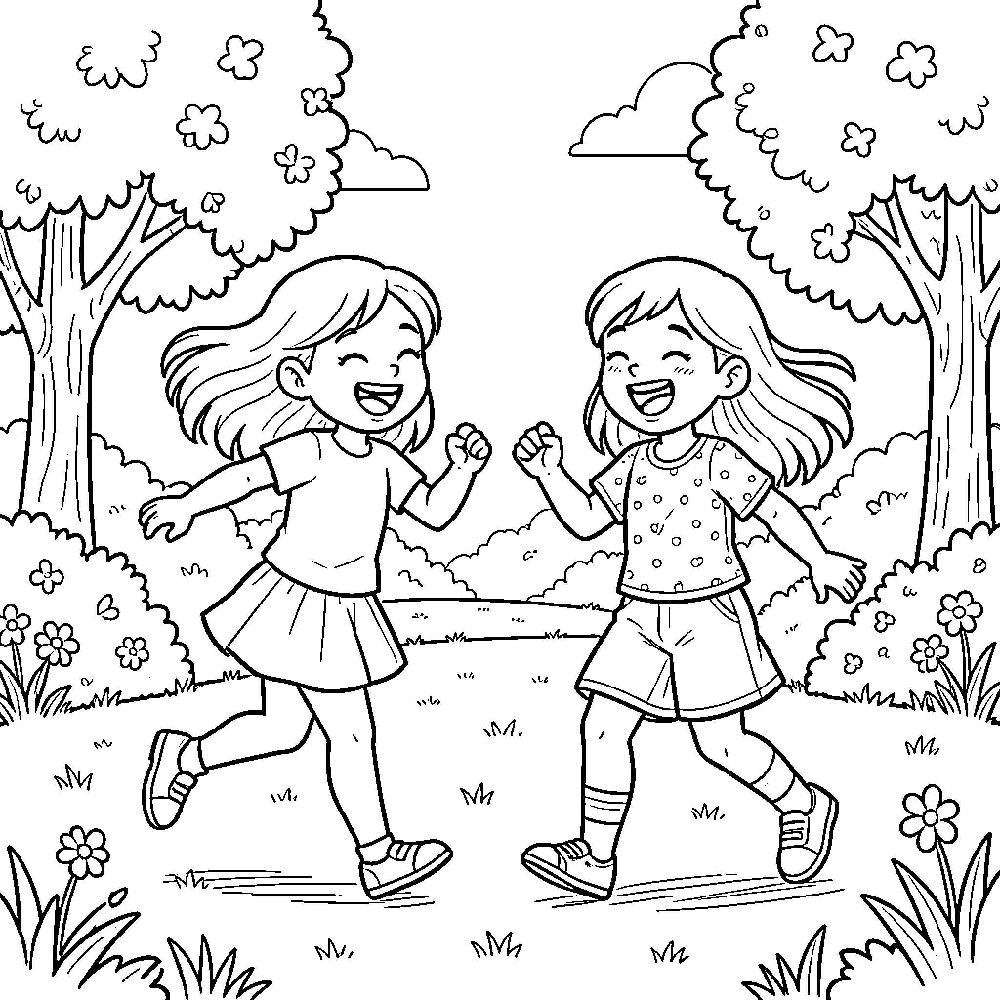 Girls playing joyfully in nature Coloring Page (free black-and-white line drawing printable PDF for all, from beginners to advanced learners, including children, teens, adults, and seniors)