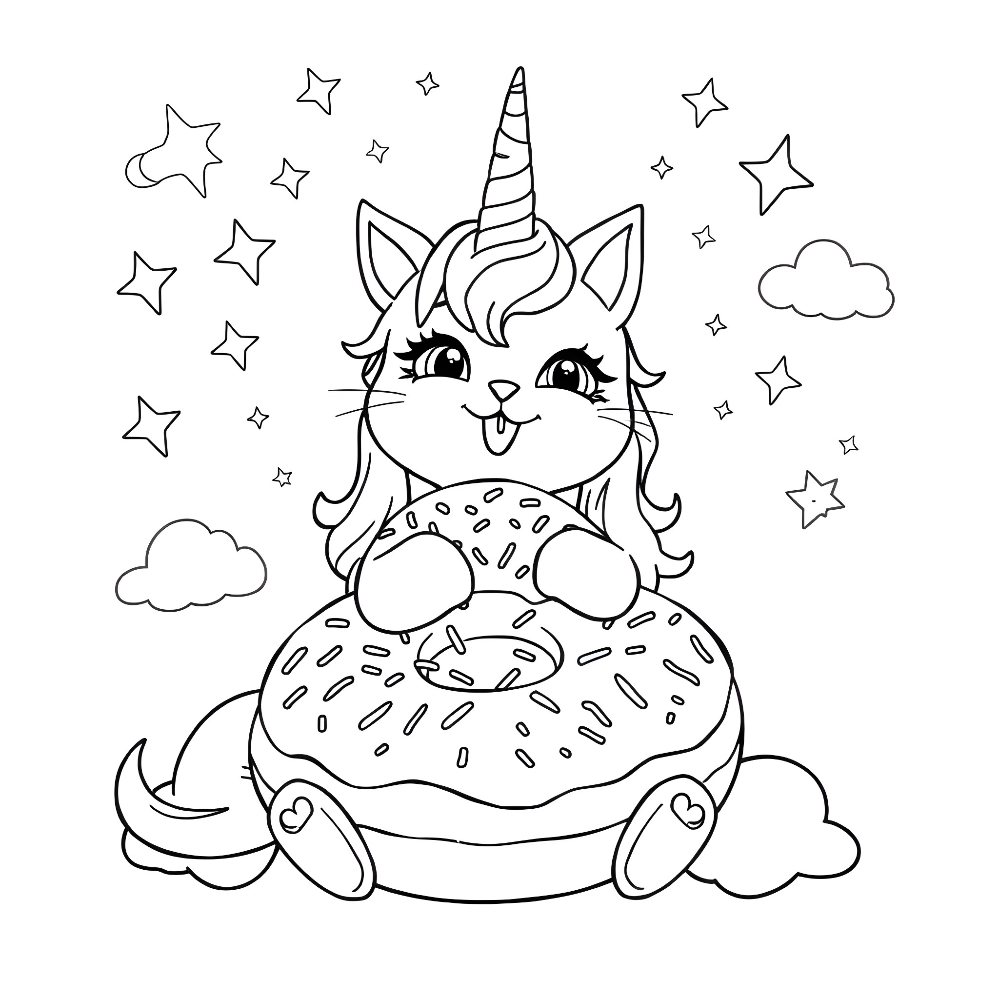 Unicorn Cat sitting on a sprinkled donut Coloring Page (free black-and-white line drawing printable PDF for all, from beginners to advanced learners, including children, teens, adults, and seniors)