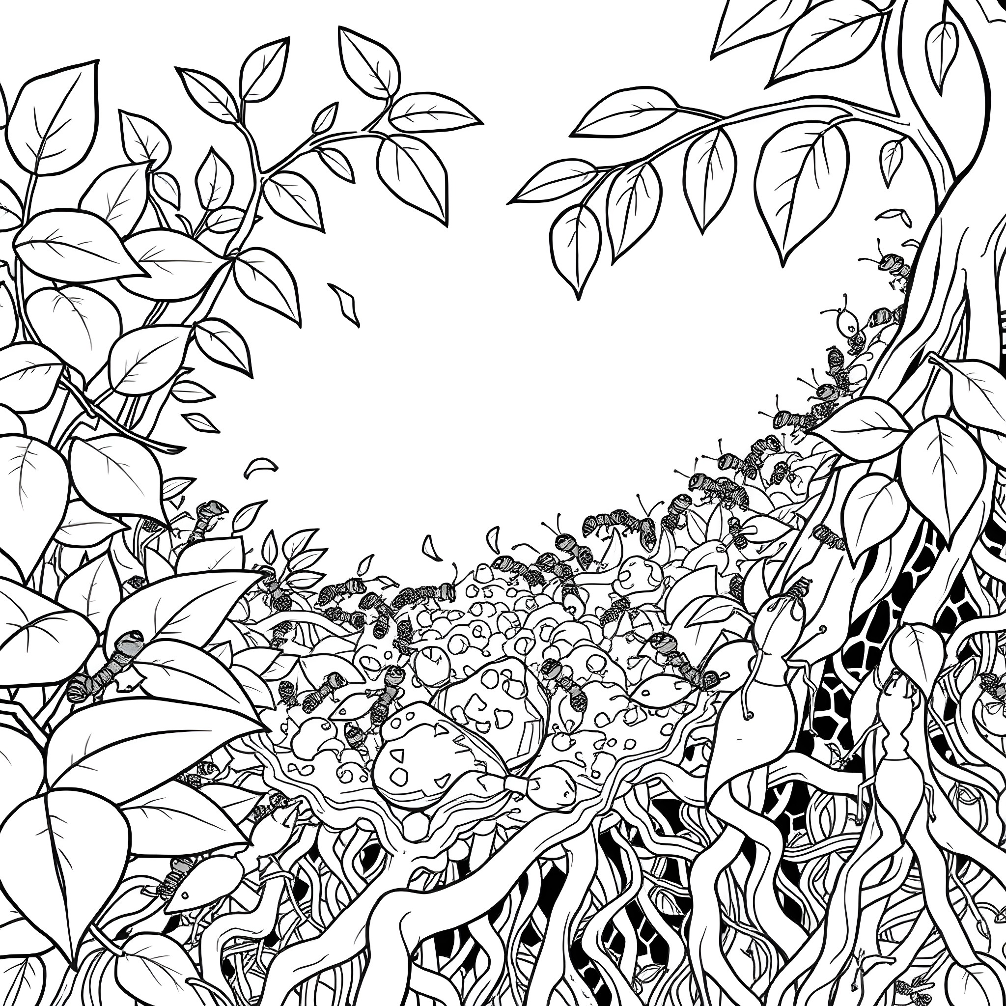 Fire Ant Nest in the Lush Foliage Coloring Page (free black-and-white line drawing printable PDF for all, from beginners to advanced learners, including children, teens, adults, and seniors)