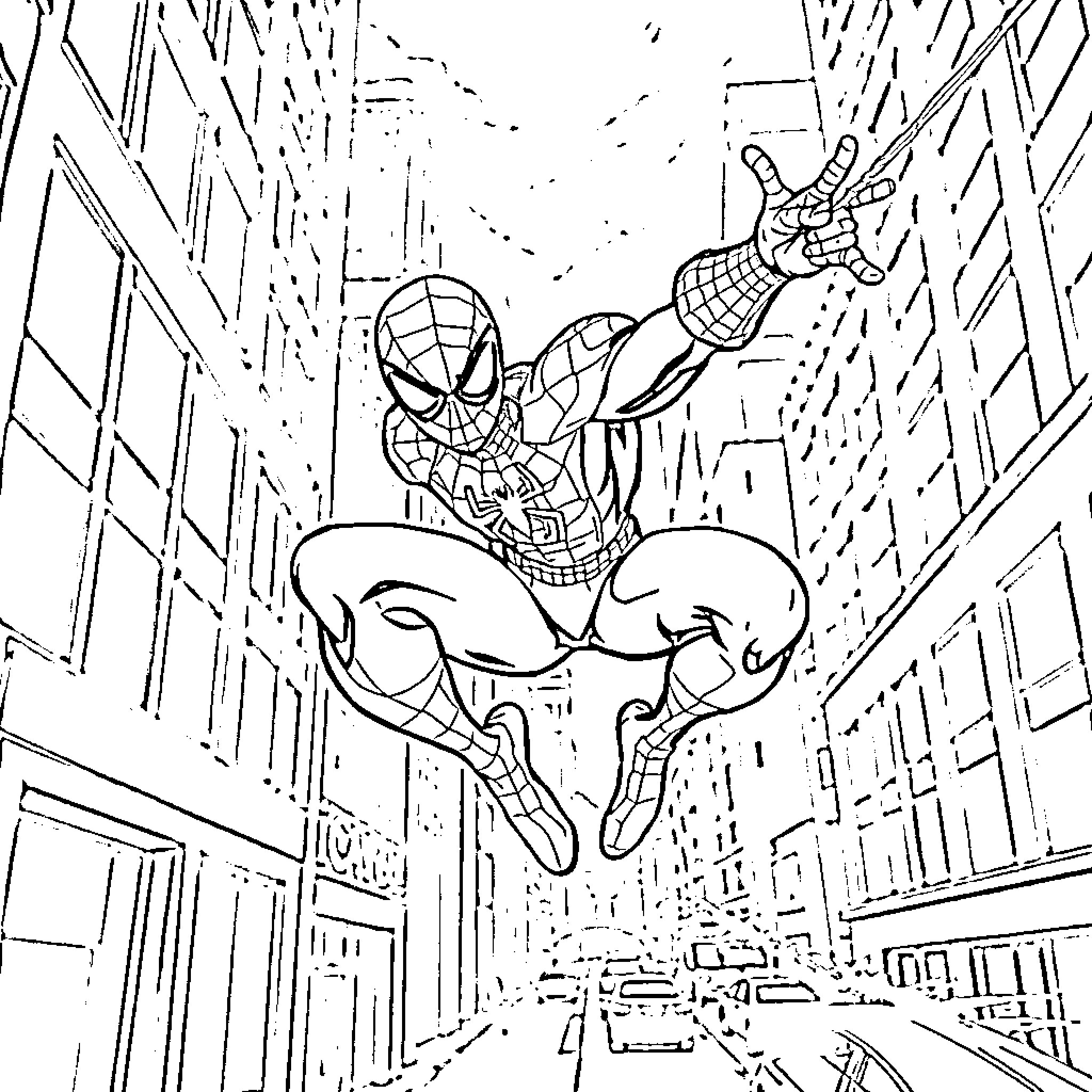 Spiderman swinging through the city skyline Coloring Page (free black-and-white line drawing printable PDF for all, from beginners to advanced learners, including children, teens, adults, and seniors)
