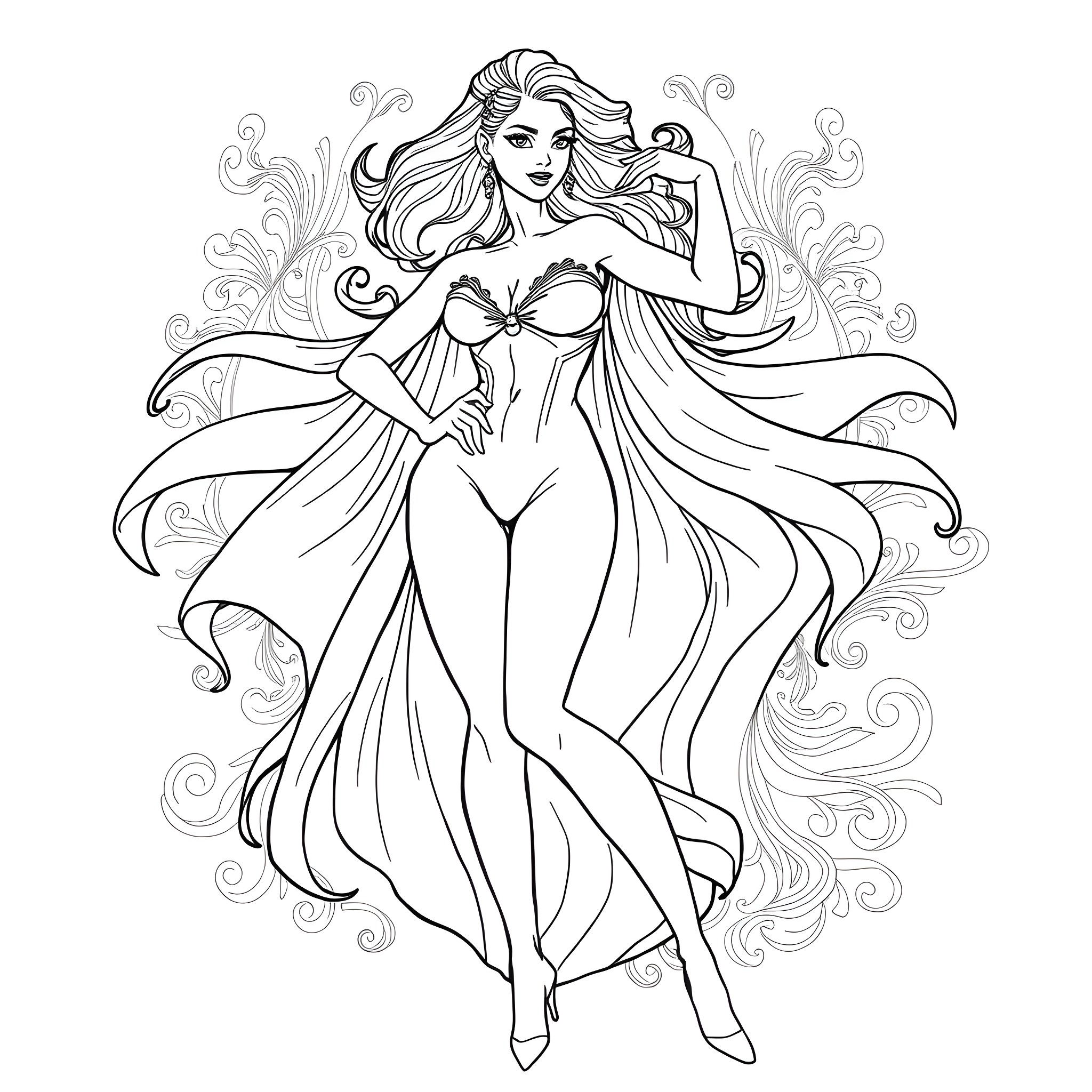 Baddie in glamorous flowing attire Coloring Page (free black-and-white line drawing printable PDF for all, from beginners to advanced learners, including children, teens, adults, and seniors)