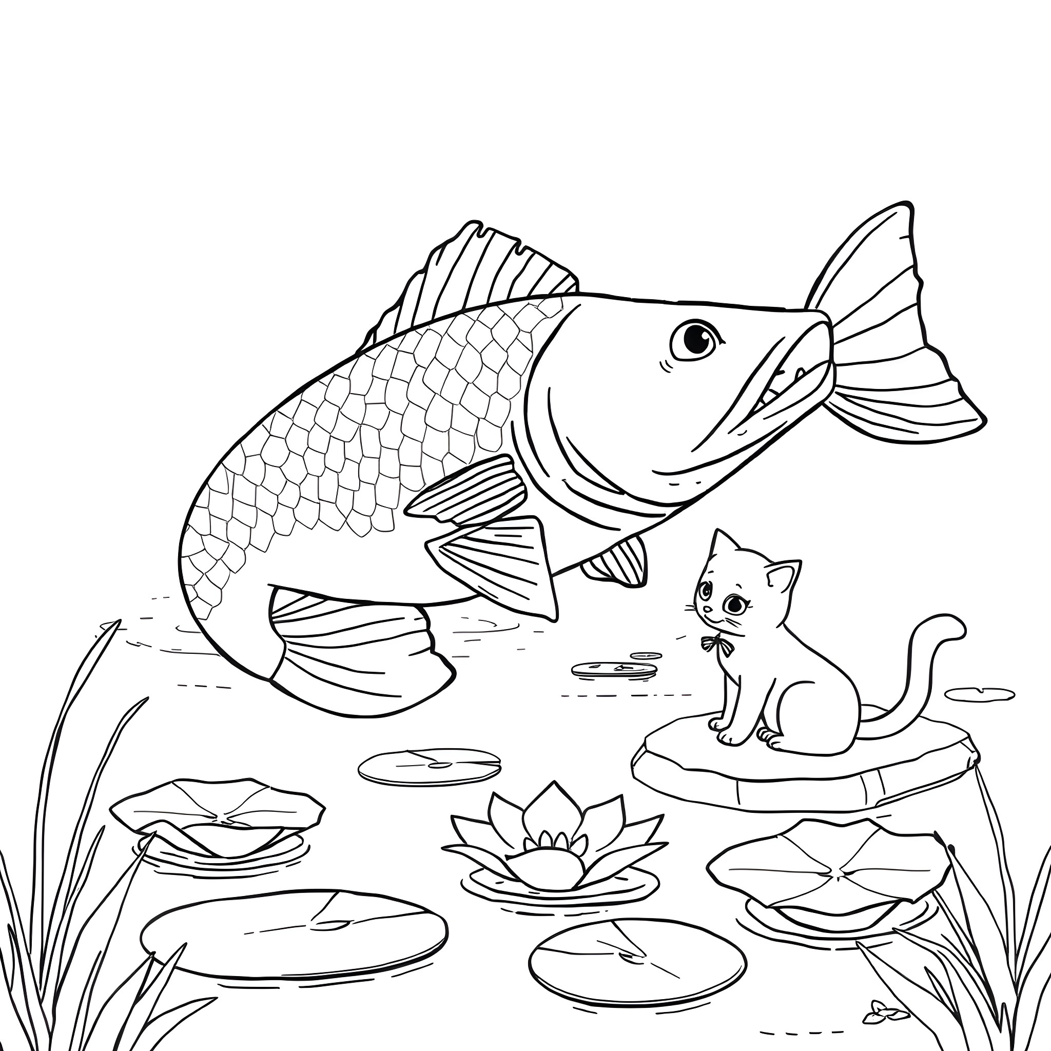 Catfish swimming in pond with curious kitten Coloring Page (free black-and-white line drawing printable PDF for all, from beginners to advanced learners, including children, teens, adults, and seniors)