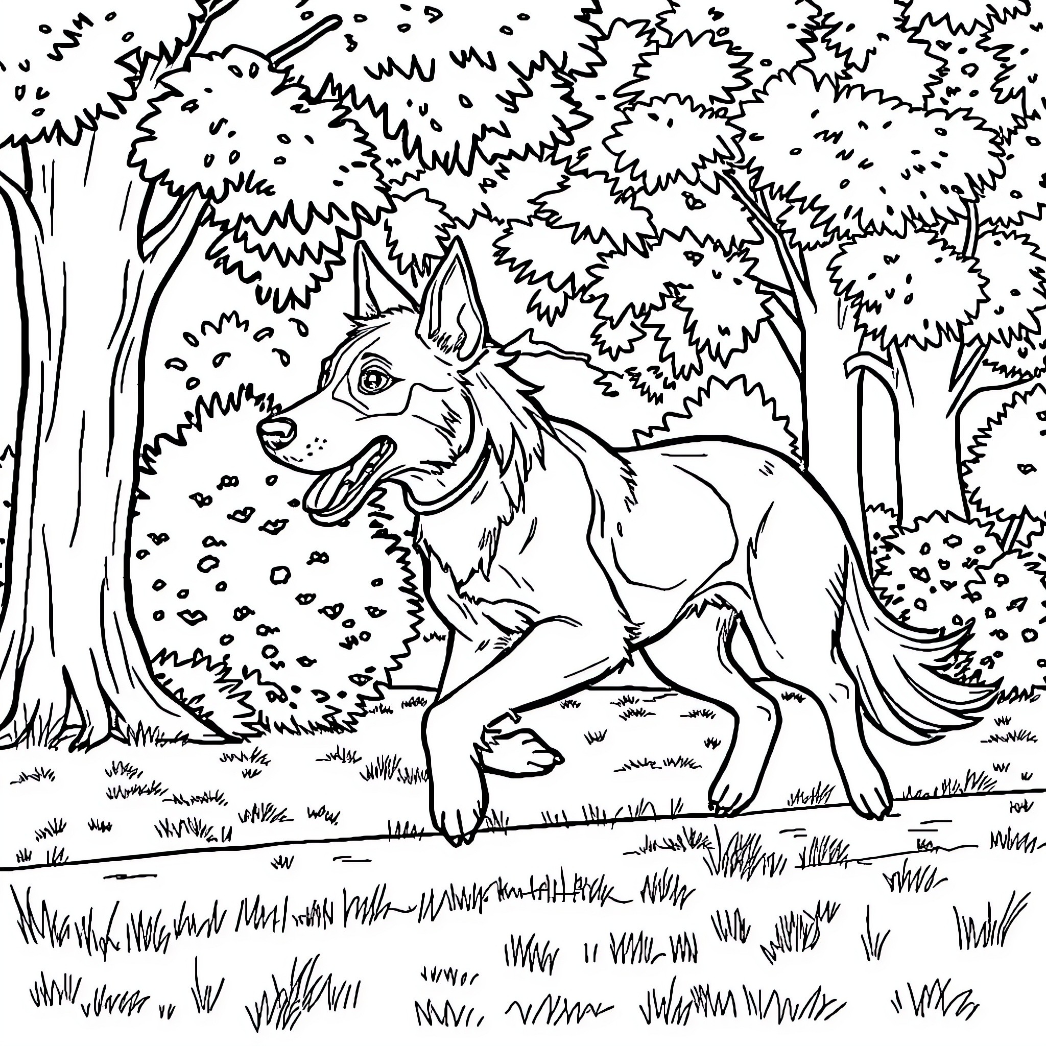 Dog exploring a snowy woodland landscape Coloring Page (free black-and-white line drawing printable PDF for all, from beginners to advanced learners, including children, teens, adults, and seniors)
