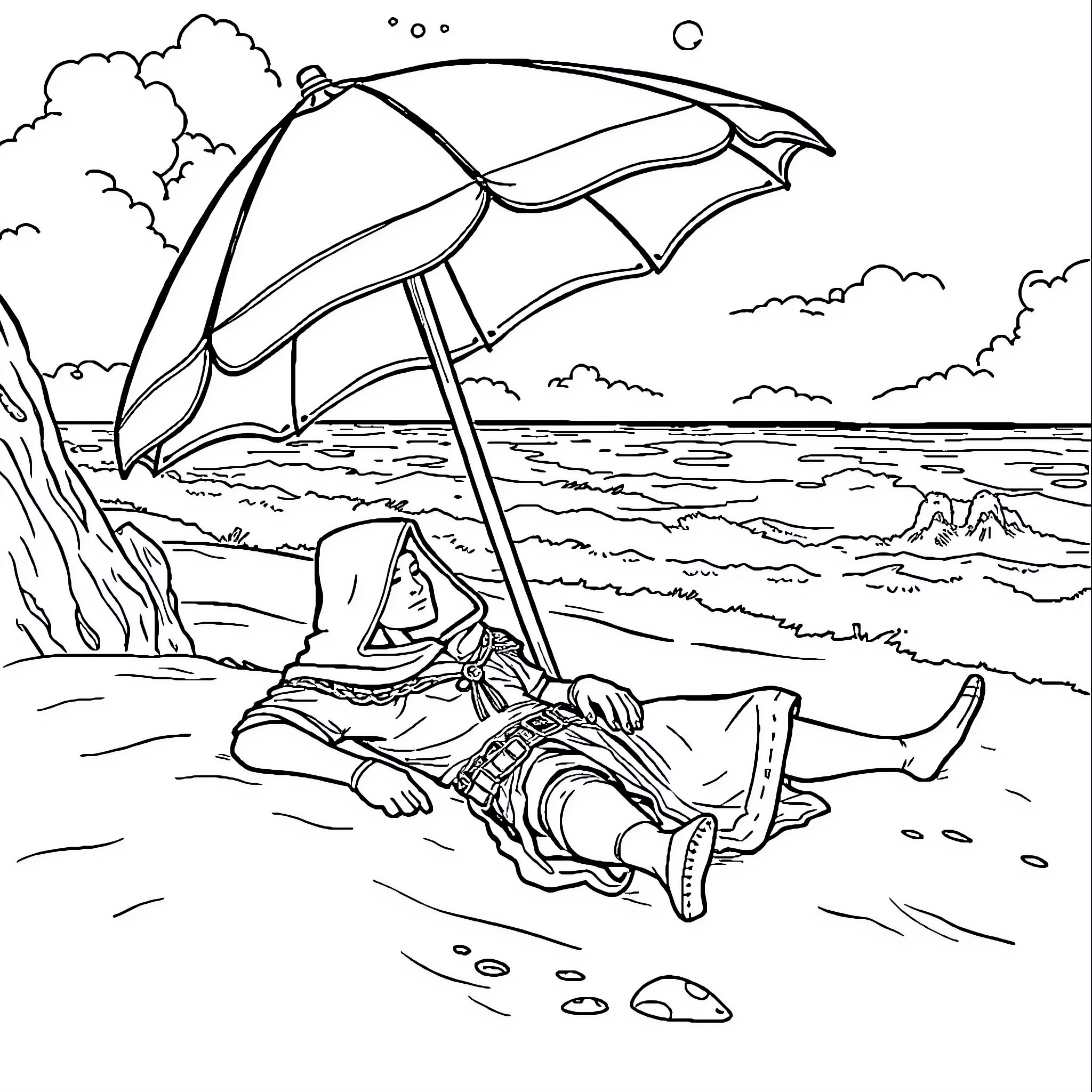 Shadowheart resting on the beach under an umbrella Coloring Page (free black-and-white line drawing printable PDF for all, from beginners to advanced learners, including children, teens, adults, and seniors)
