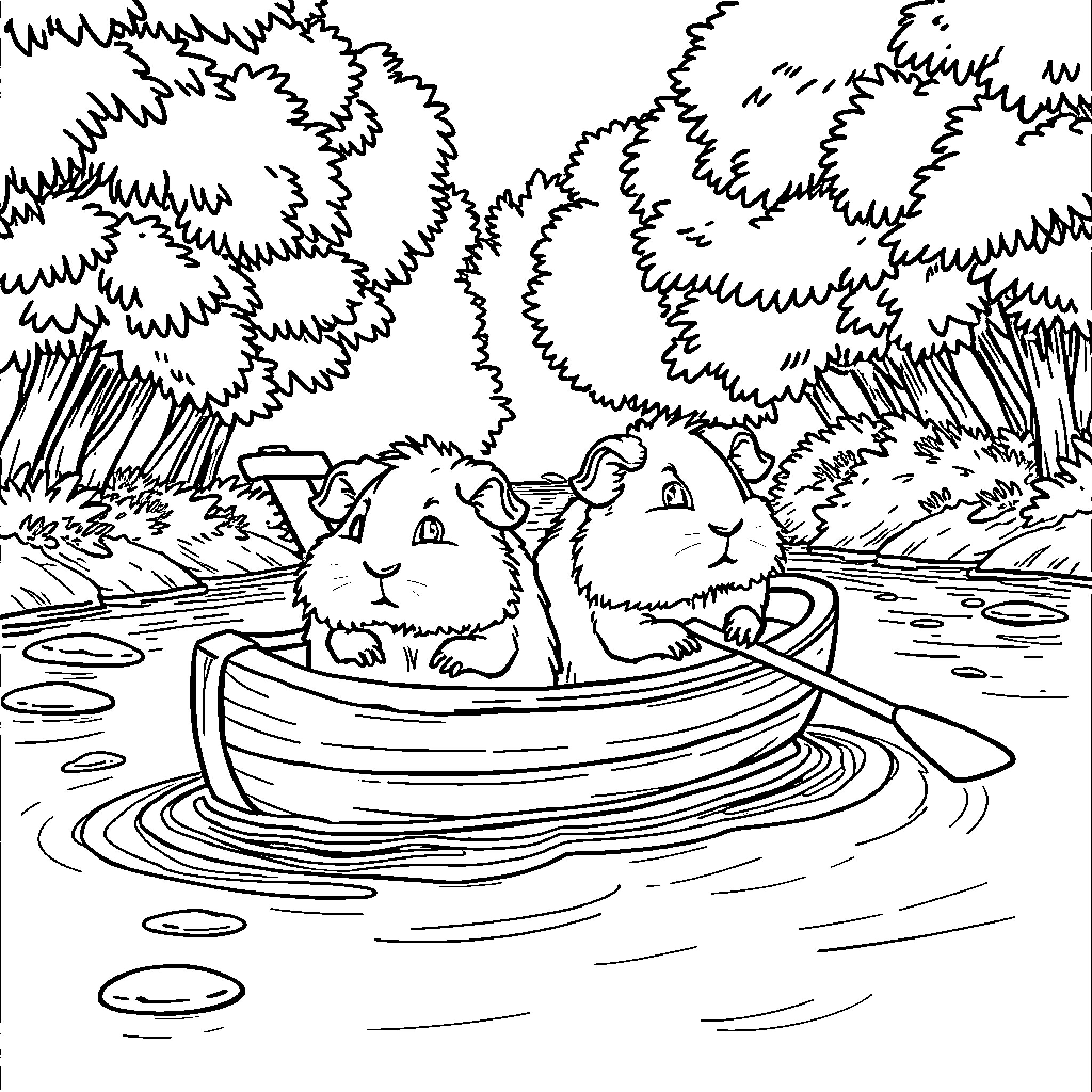 Guinea Pigs boating on a lake Coloring Page (free black-and-white line drawing printable PDF for all, from beginners to advanced learners, including children, teens, adults, and seniors)