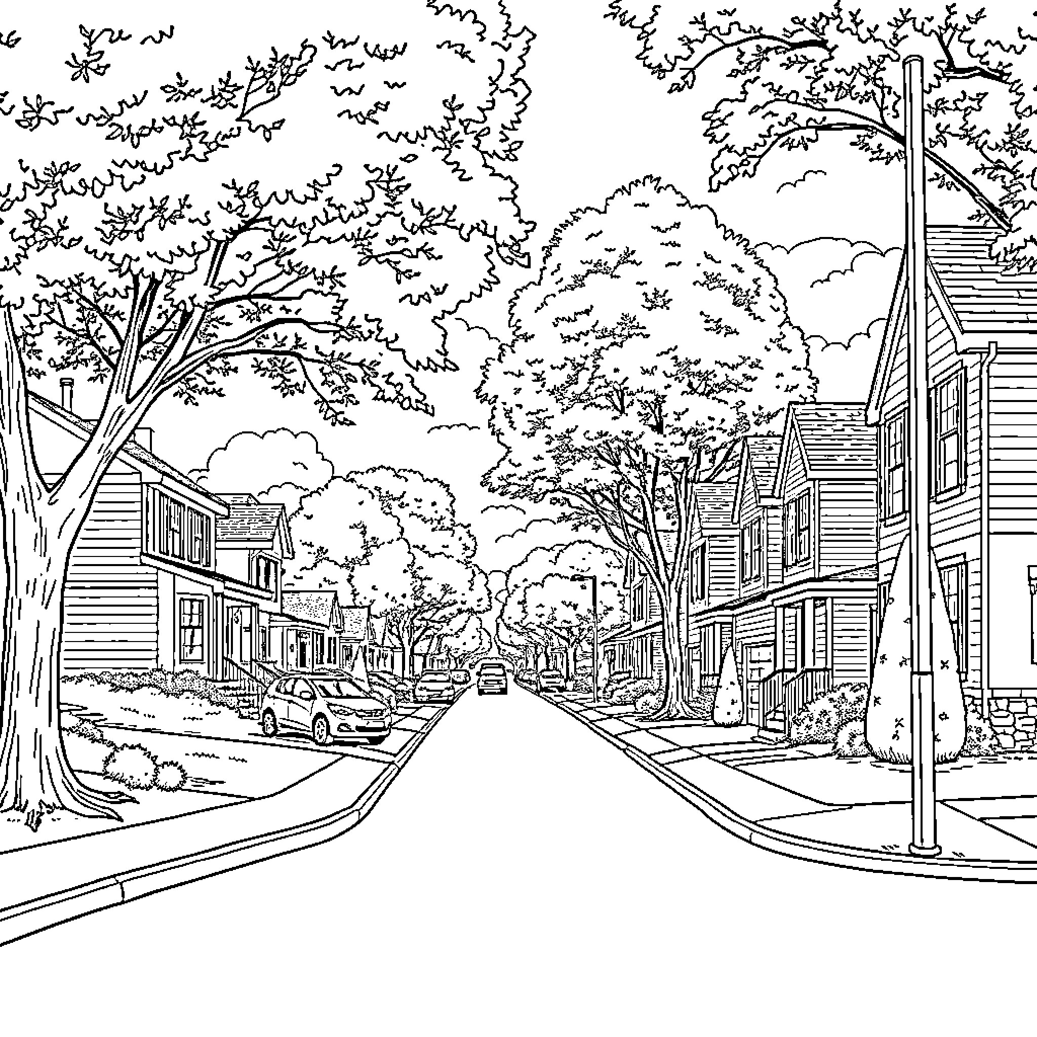 Street scene with trees and buildings Coloring Page (free black-and-white line drawing printable PDF for all, from beginners to advanced learners, including children, teens, adults, and seniors)
