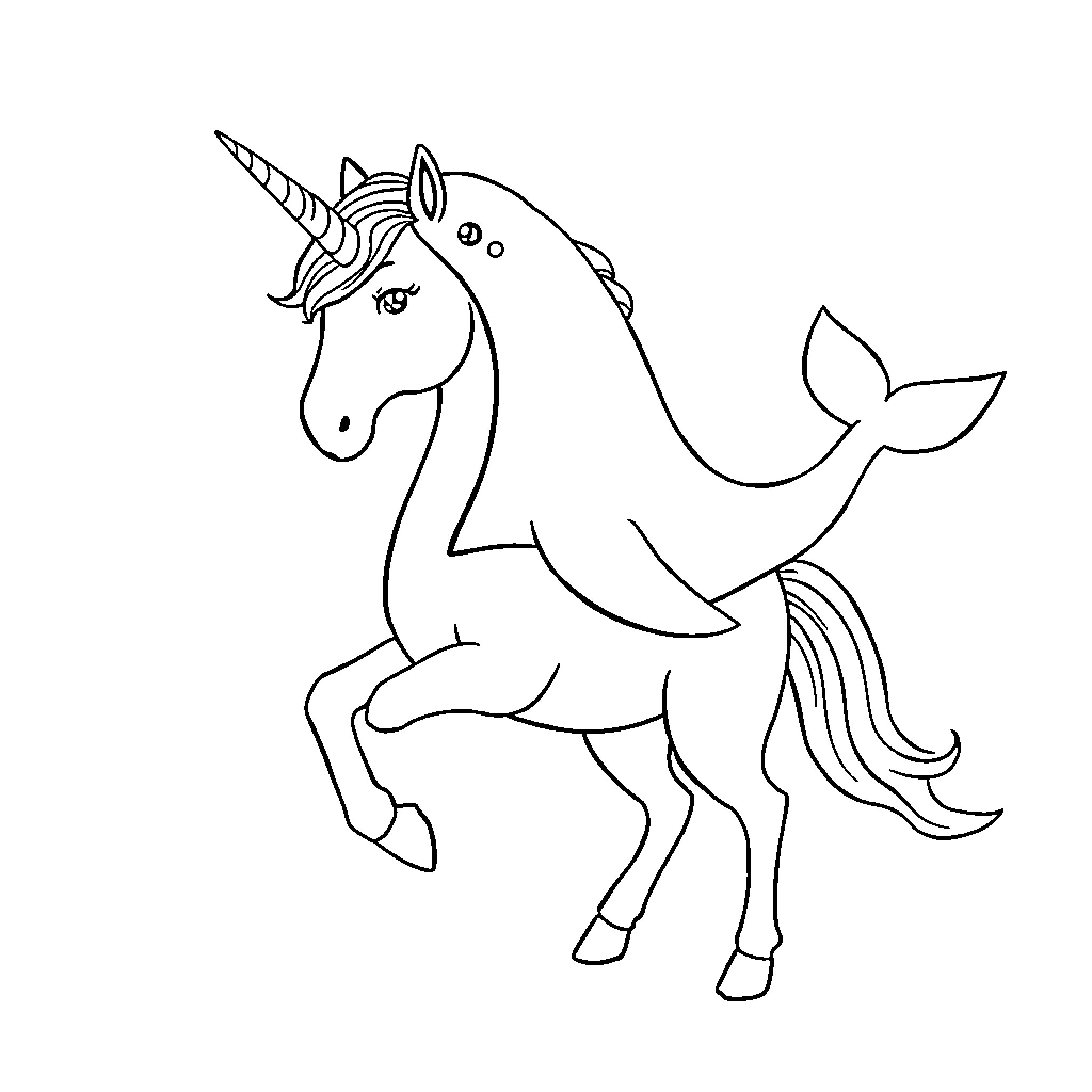 Unicorn swimming playfully in the ocean Coloring Page (free black-and-white line drawing printable PDF for all, from beginners to advanced learners, including children, teens, adults, and seniors)