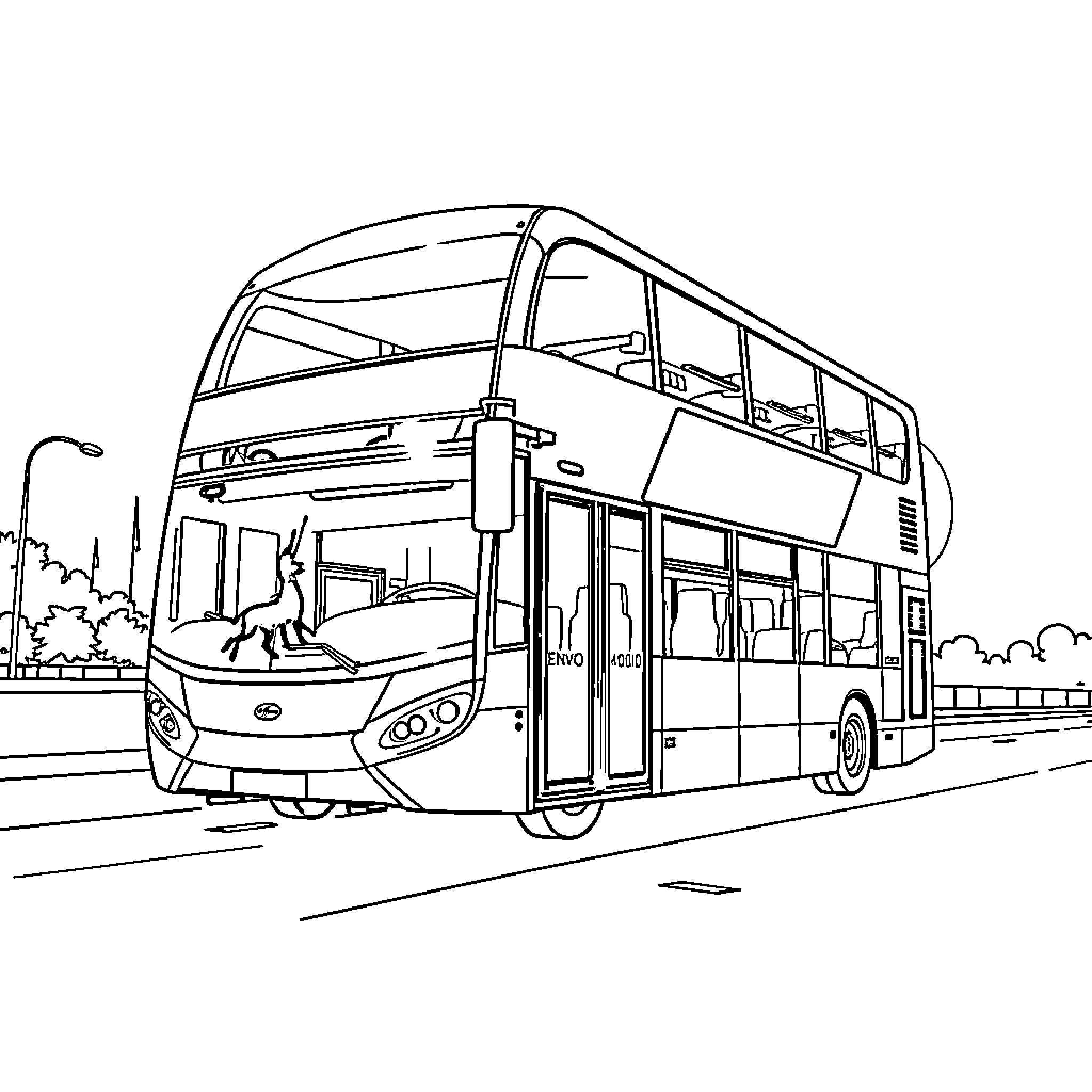 Bus on the road with passengers Coloring Page (free black-and-white line drawing printable PDF for all, from beginners to advanced learners, including children, teens, adults, and seniors)
