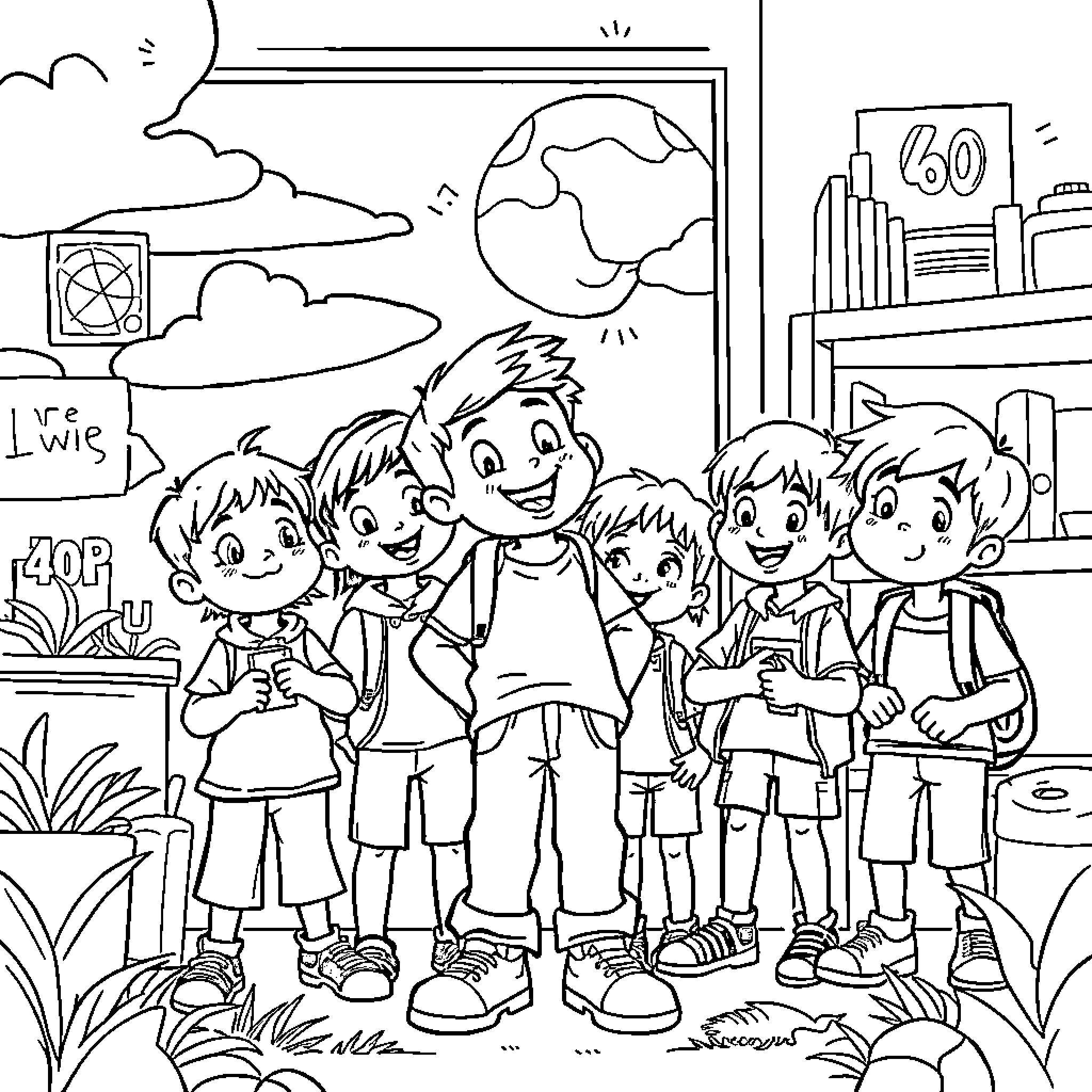 Louie and his friends explore the outdoors Coloring Page (free black-and-white line drawing printable PDF for all, from beginners to advanced learners, including children, teens, adults, and seniors)