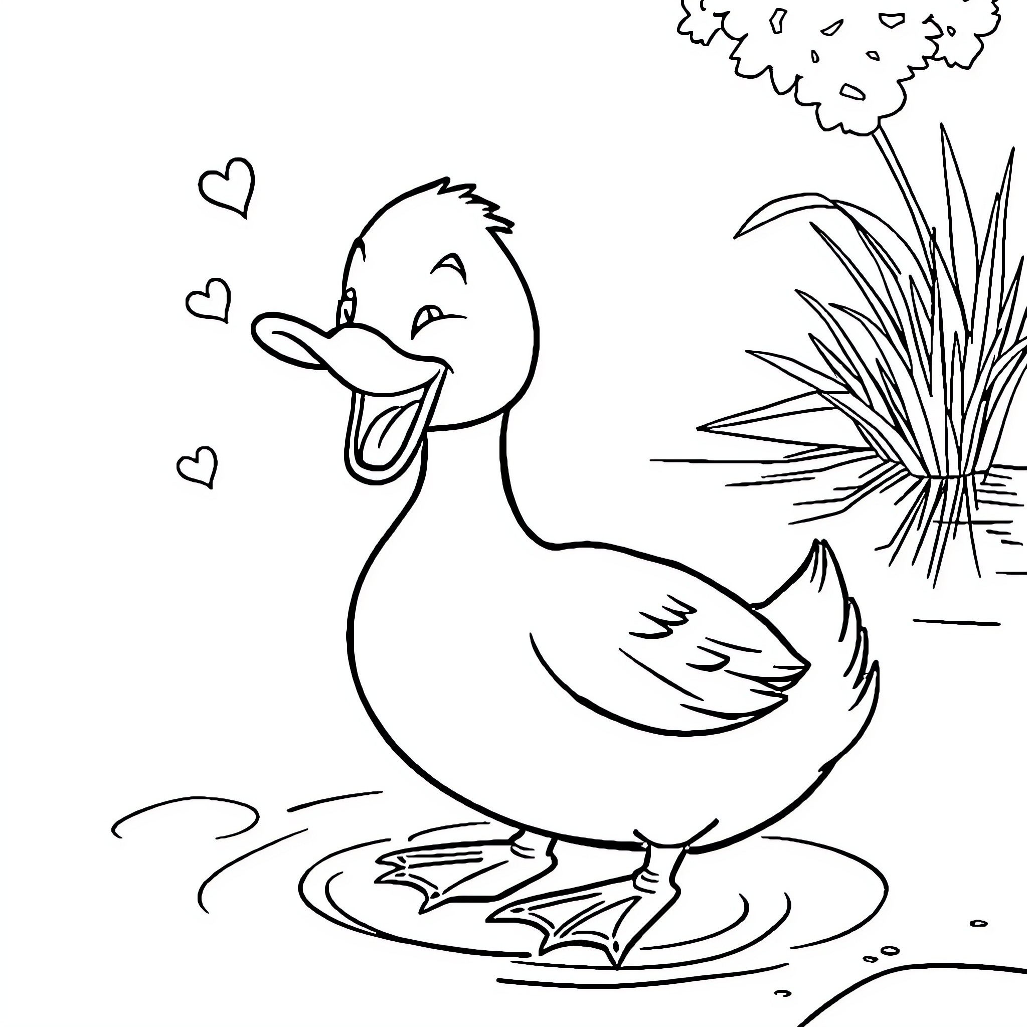 Duck in love blowing hearts Coloring Page (free black-and-white line drawing printable PDF for all, from beginners to advanced learners, including children, teens, adults, and seniors)