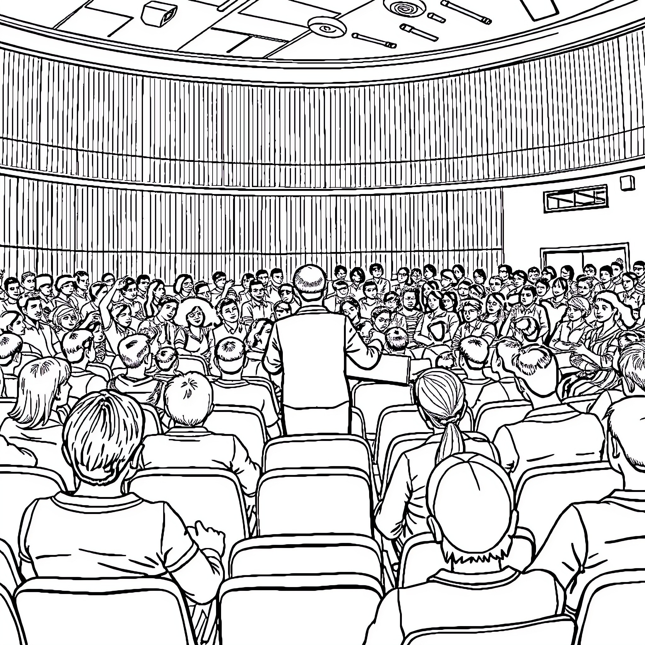 Professor Addressing Crowd in Auditorium Coloring Page (free black-and-white line drawing printable PDF for all, from beginners to advanced learners, including children, teens, adults, and seniors)